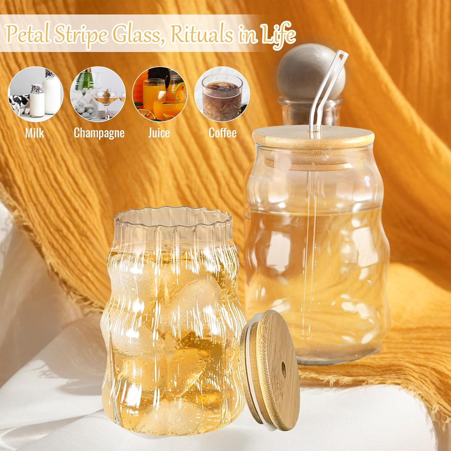 2 Pcs Ribbed Glass Cup Set 18 Oz Wave Shape Design Bubble Cups Vintage Drinking Glassware for Iced Coffee Milk Juice Cocktails Beverage image number 1