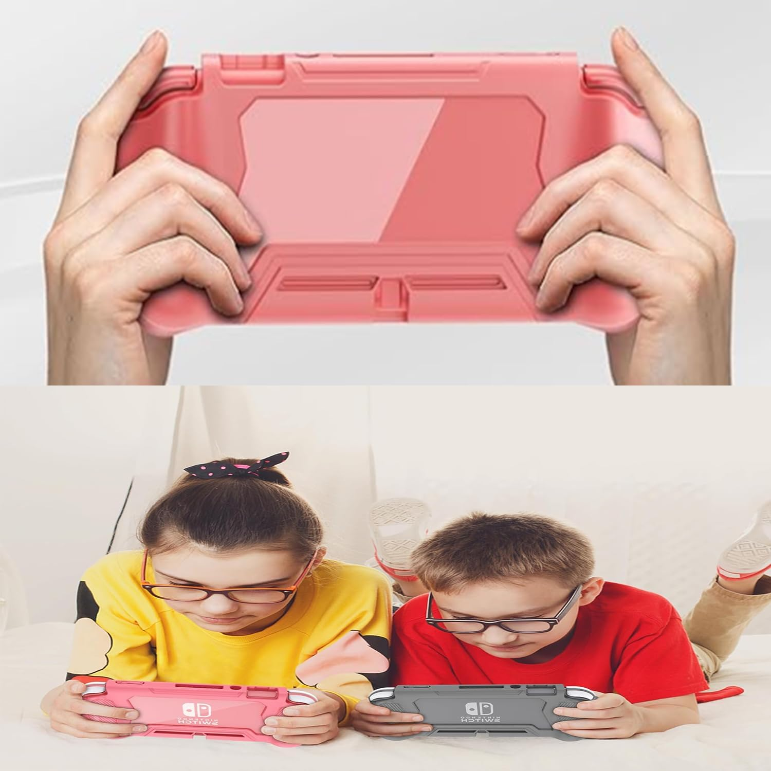 Roczential Protective Case for Shockproof TPU Cover with Built-In PC Screen Protector & Detachable Hand Grip | Includes 2 Thumb Grip Caps (Pink)