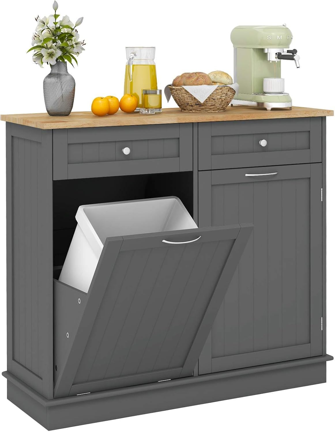 Giantex Kitchen Trash Cabinet, 40 L Tilt Out Trash Bin Cabinet with Single Trash Can Holder, Rubber Wood Countertop, Drawers, Adjustable Shelf, Freestanding Recycling Cabinet, Kitchen Island (White)