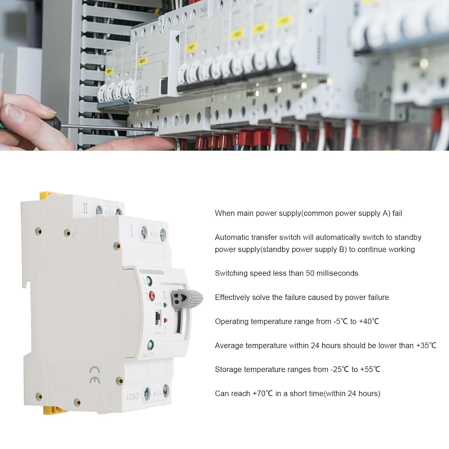 Mini ATS Dual Power Automatic Transfer Switch, 2P 63A Electrical Selector Switches Uninterrupted Power Din Rail Generator Circuit Fast Changeover Controller Millisecond Switching image number 6