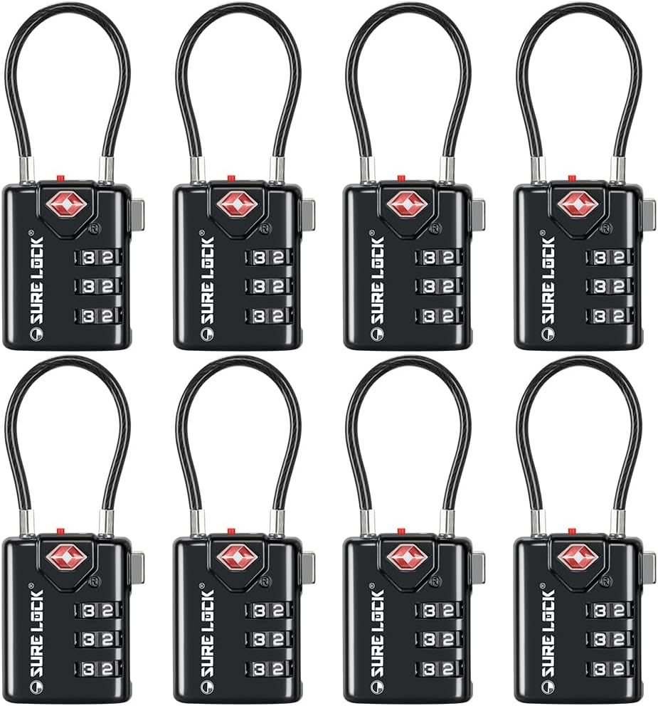 TSA Compatible Travel Luggage Locks, Inspection Indicator, Easy Read Dials - 1, 2 & 4 Pack (Large, Black 8 Pack)