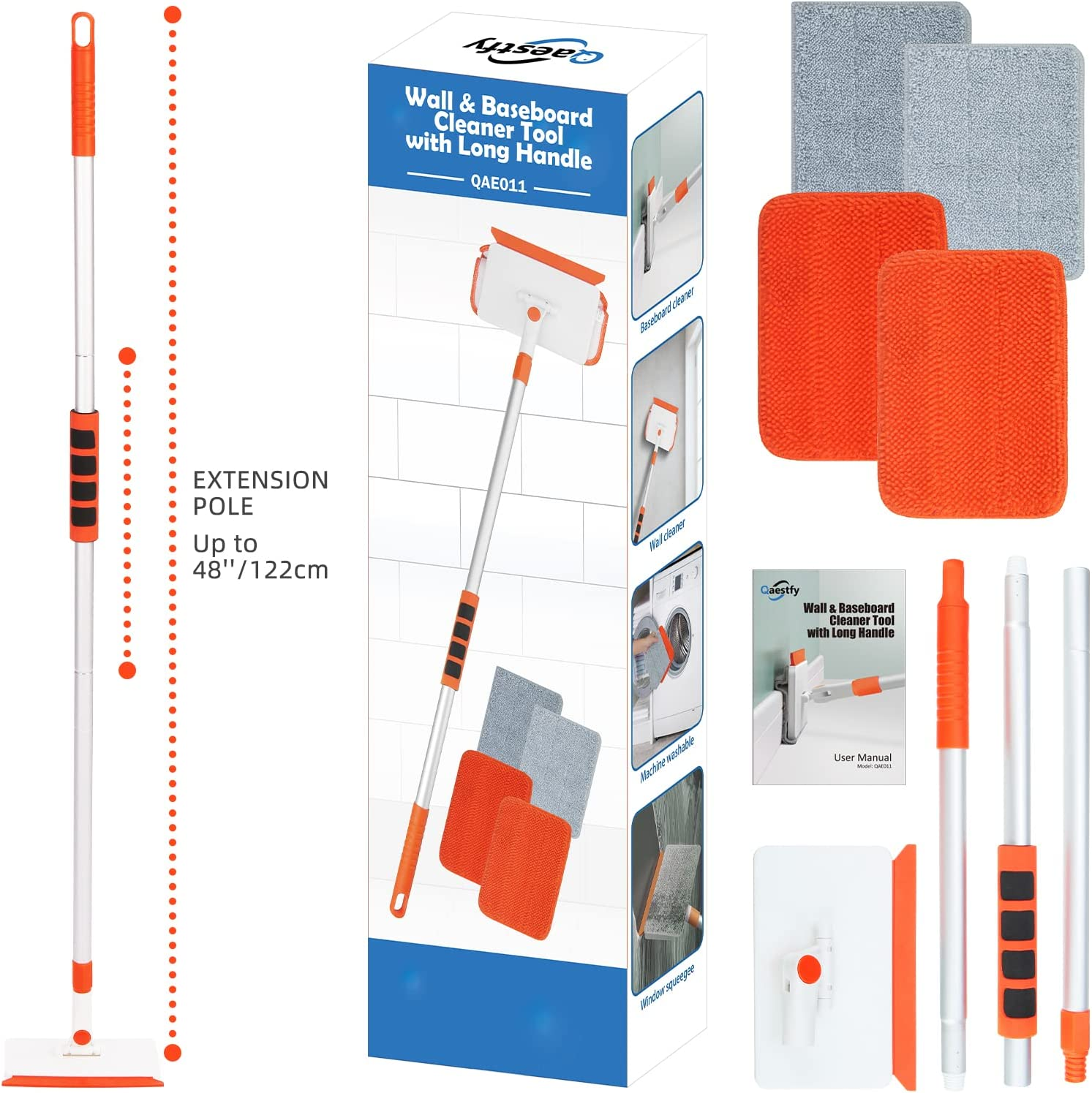 Qaestfy Wall & Baseboard Cleaner Mop Tool with 49'' Long Handle for Cleaning Window Floor Skirting Board Ceiling Bathtub Tub Tile Scrubber Brush Duster with 4 Reusable Pads image number 3