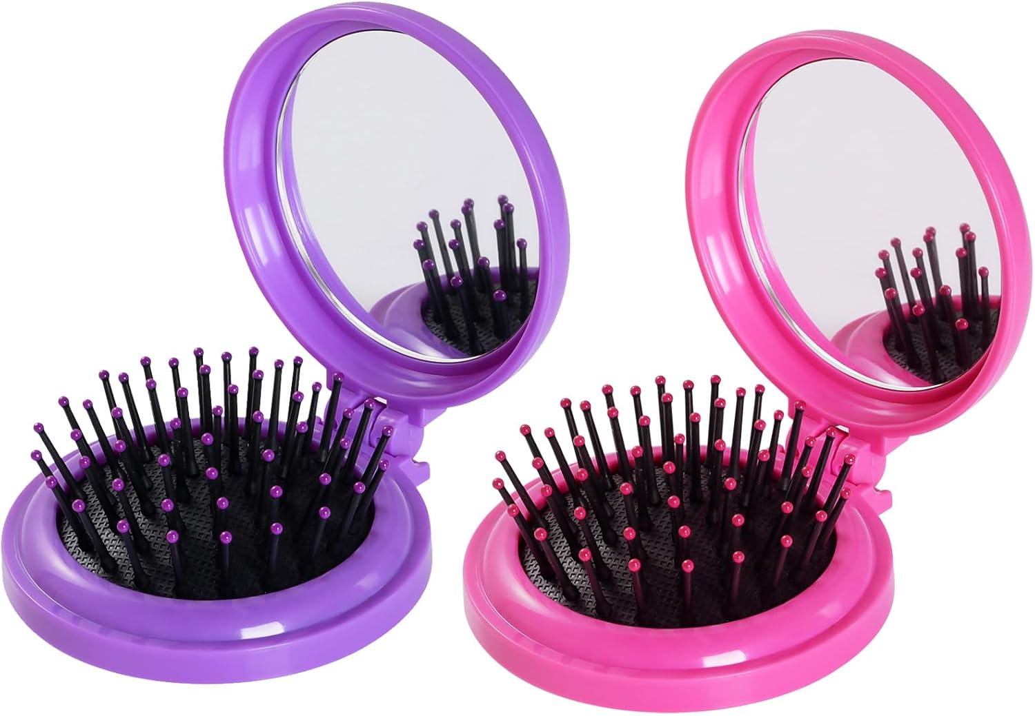 OJIOUI 2Pcs Mini Folding Hair Brush with Mirror round Small Portable Pocket Hair Brush Travel Size Mini Pop up Hairbrush for Women Girls (Rose Red, Purple)