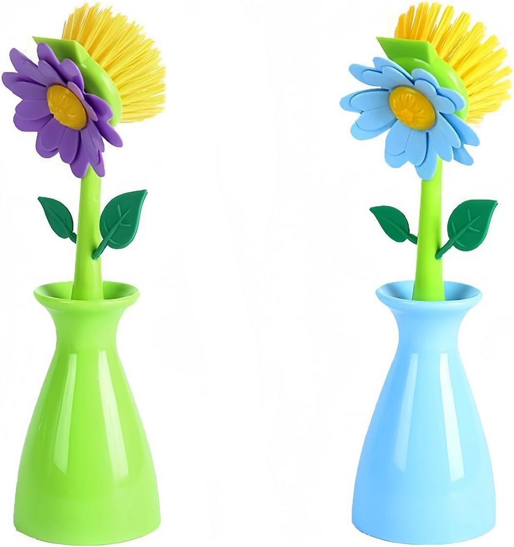 JANKOW Long Handle Flower Pot Brush, Florganic Dish Brush with Vase, Long Handle Dish Brush Kitchen, for Cleaning Pot Pan Sink Kitchen Supplies Decorative Vase (2 Pcs) (Purple/Pink)