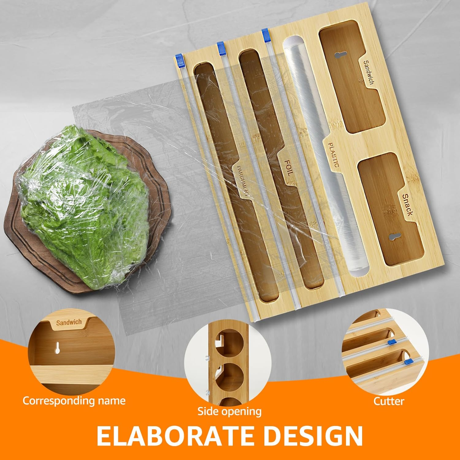 5 in 1 Bamboo Plastic Wrap Dispenser with Cutter Versatile, Foil Dispenser and Cutter for Kitchen Storage Drawer Organization,Cling Film Dispenser for Restaurant Bakeries Fruit Store image number 1