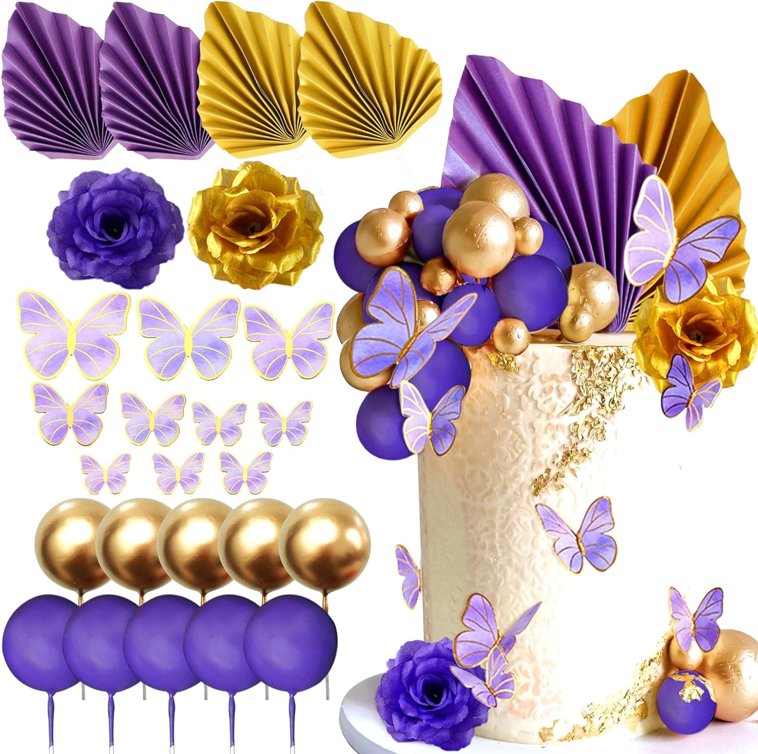 Jevenis Purple Cake Decorations Rose Cake Decoration Purple Butterfly Cake Decoration Palm Leaves Cake Decoration Balls Cake Decoration Wedding Cake Decoration Disco Cake Decor image number 6