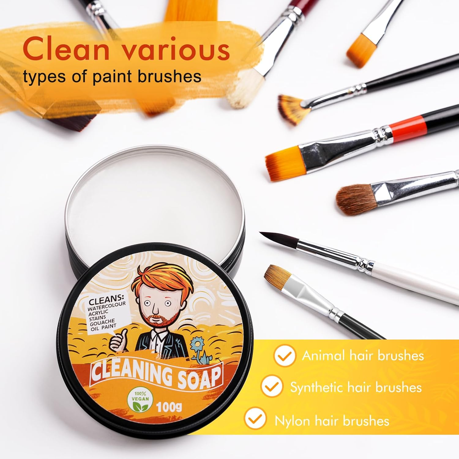 Paint Brush Cleaner - 100% Vegan Paint Brush Cleaner Soap for Watercolor & Acrylic Paint Brushes, Natural Paint Brush Soap | Reconditions, Cleans & Maintains the Brush Head image number 3