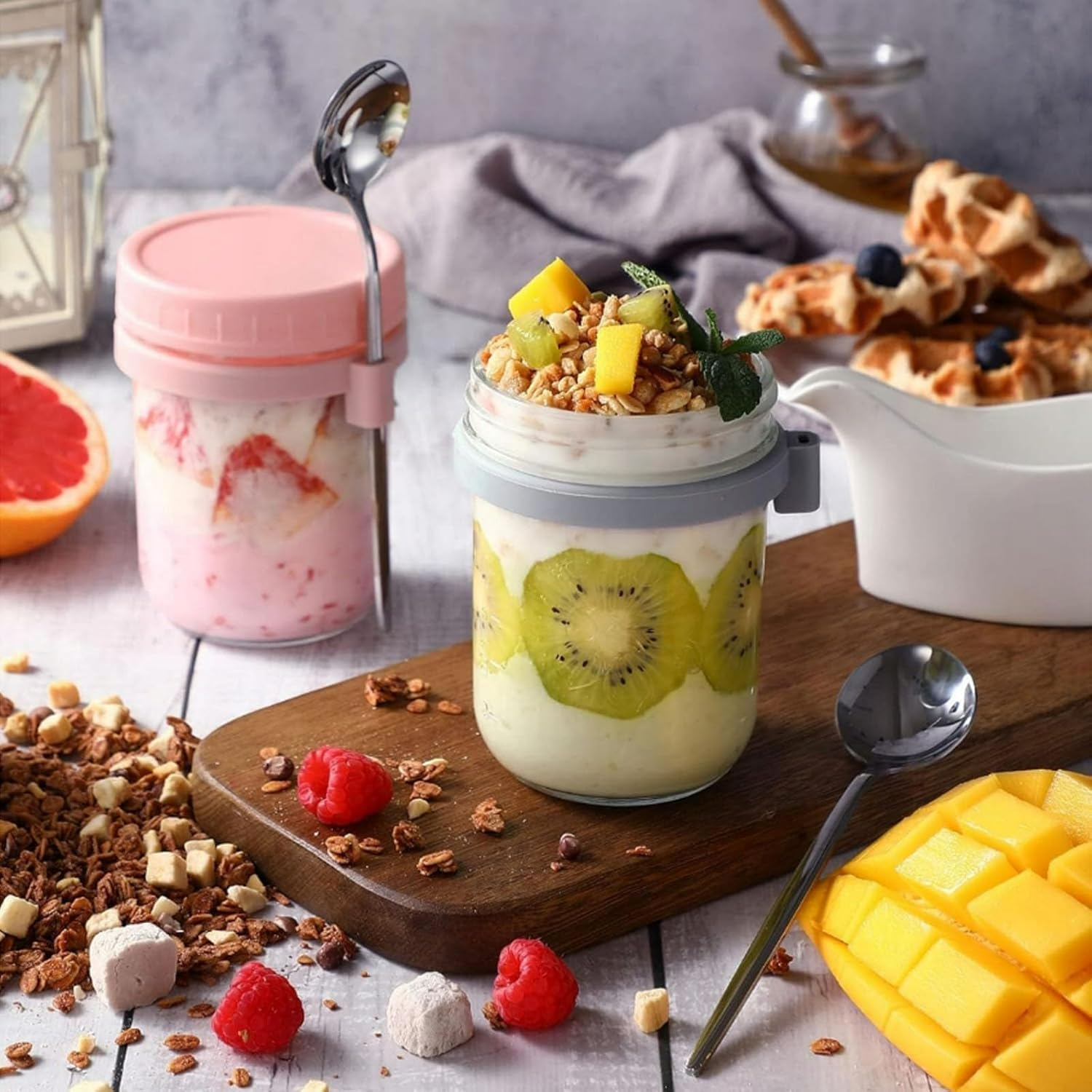 UPAUS 4 Pack Overnight Oats Containers with Lids and Spoons, 12Oz/350Ml Glass Mason Overnight Oats Jars, Leak Proof Oatmeal Container Meal Prep Jar for Cereal Fruit Vegetable Milk Salad Yogurt image number 6