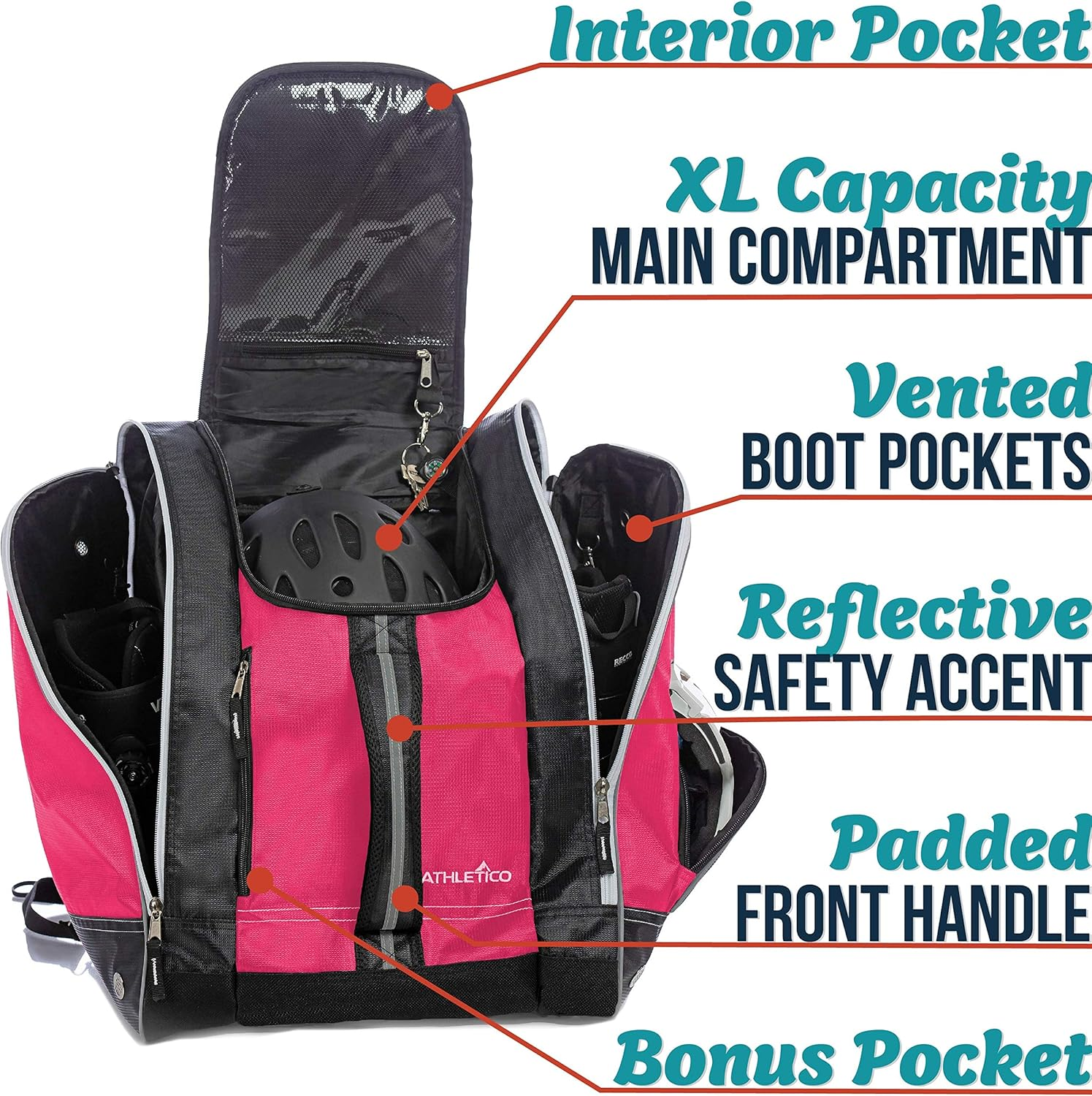 Athletico Ski Boot Bag - Skiing and Snowboarding Travel Luggage - Stores Gear Including Jacket, Helmet, Goggles, Gloves & Accessories - Venting and Grommets for Snow Drainage - Black With White Trim image number 3