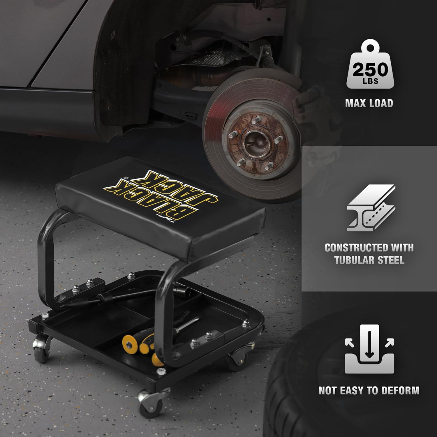 Torin TR6100W Blackjack Rolling Creeper Garage/Shop Seat: Padded Mechanic Stool with Tool Tray Storage, Black image number 2