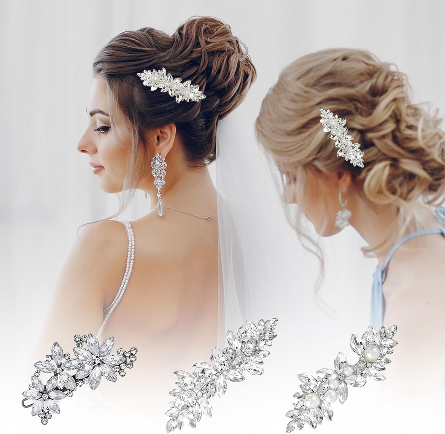 Diamante Hair Clips for Women, 3 Pcs Rhinestone Flower Hair Clips, Wedding Hair Accessories, Silver Wedding Headpiece Pins Crystal Flower, for Kids/Girls/Women Carnival/Concert/Party/Dance image number 1