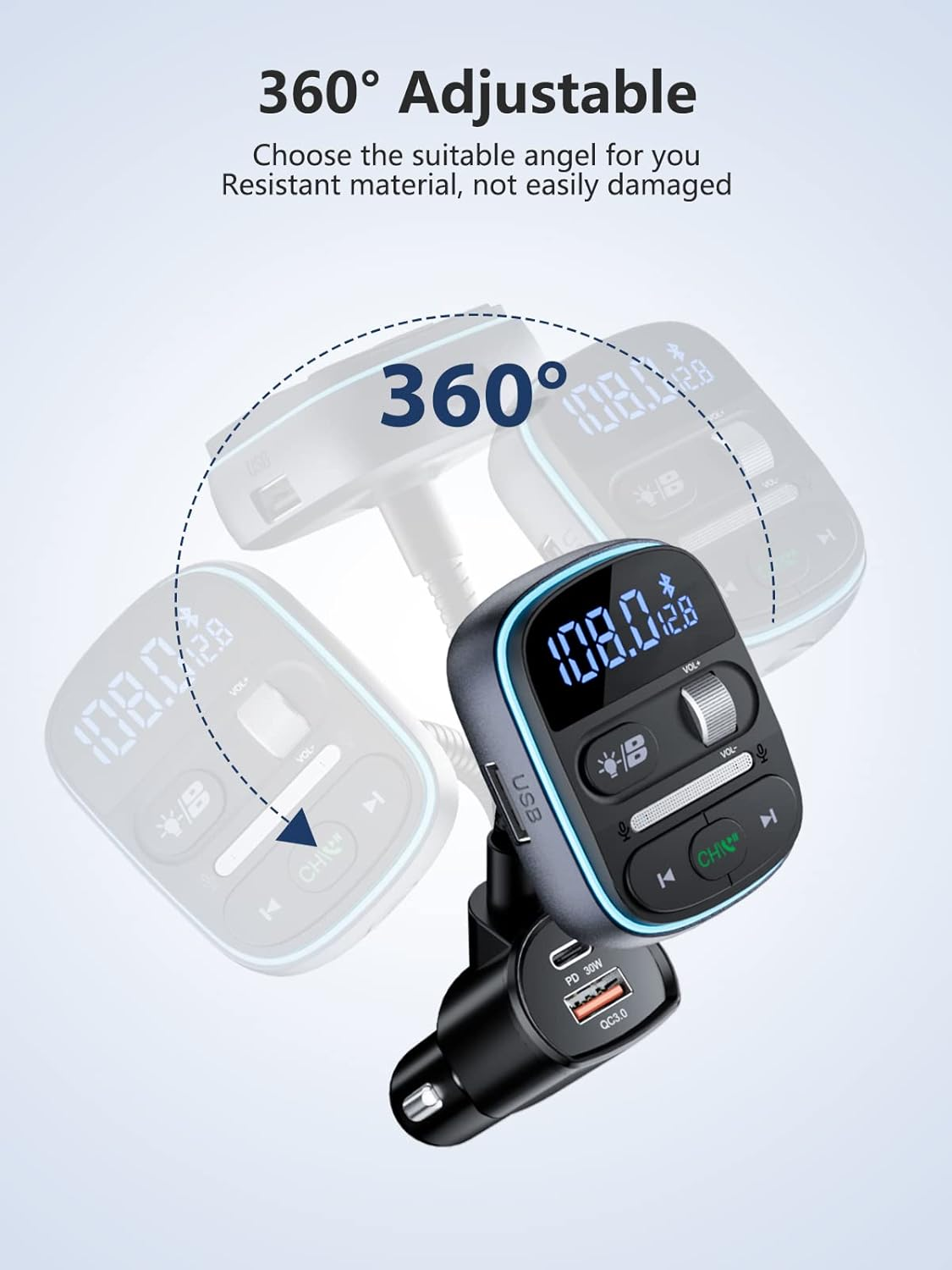 LENCENT PD 30W Bluetooth FM Transmitter,Bluetooth Car Adapter with QC3.0 Fast Charger,Hi-Fi Music/Clear Calling Car FM Bluetooth Adapter,【Color Light】