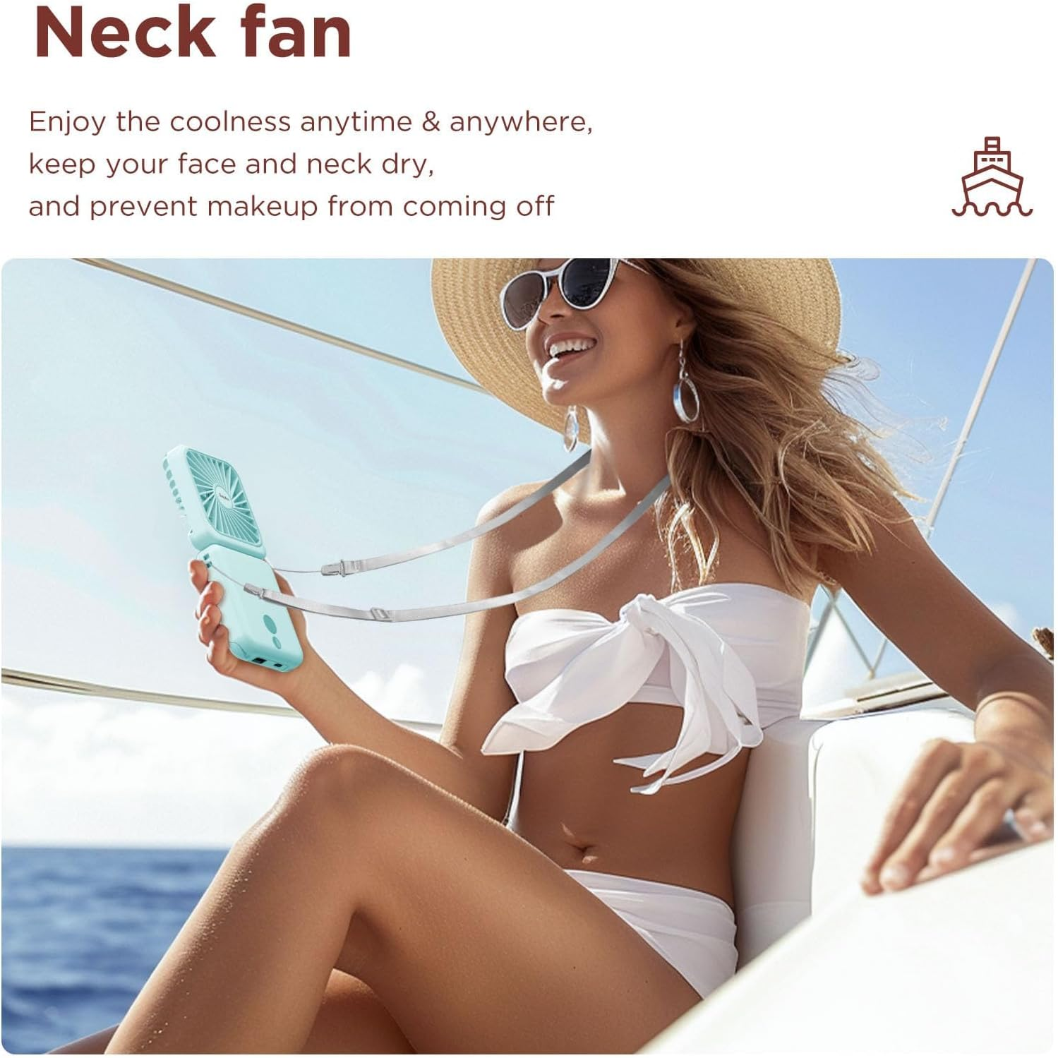 Rechargeable Portable Hands Free Fan, Mini Makeup Fan, 5 Speed, Mirror, Phone Stand, 2500Mah Backup Power, Digital Display, 32H Max Cooling Time, Neck Lanyard Battery Hand Fan for Travel image number 2