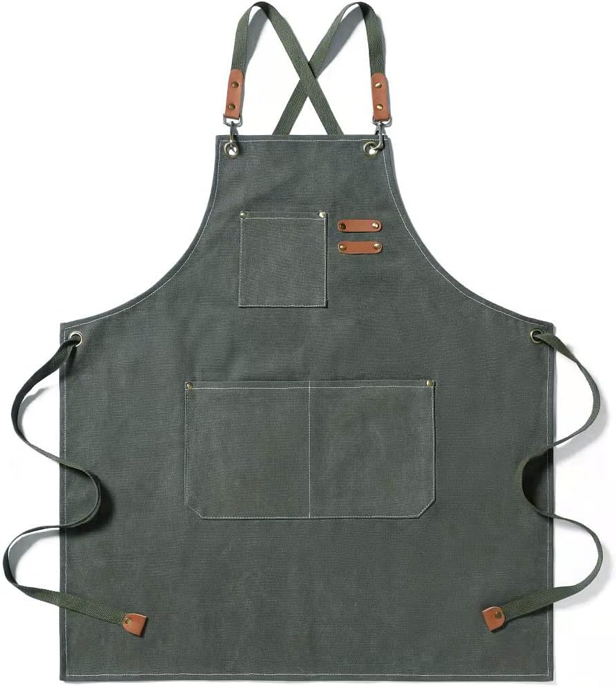 Adjustable Canvas Aprons for Kitchen Cooking,Baking,Work,Woodworking,Chef,Bbq and Barbers,Aprons for Indoor and Outdoor,3 Pockets for Easy Storage of Items,Unisex