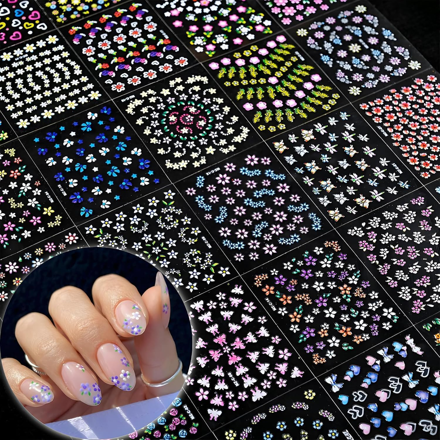 YJSPARKK 30 Sheets Flower Nail Art Stickers,3D Colorful Daisy Floral Heart Self-Adhesive Nail Decals,For Kids Girls Women Manicure DIY image number 2