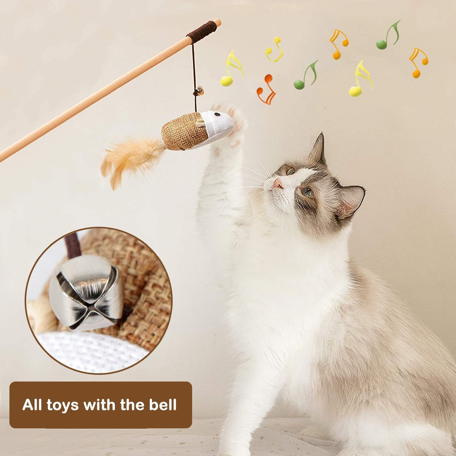 Cat Teaser Wand Toys,Cat Feather Toy,Cat Interactive Toys,Fishing Rod with Mouse, for Play, Exercise, Activity & Fun, Indoor Cats Kitten Interactive Training (5Pcs) image number 1