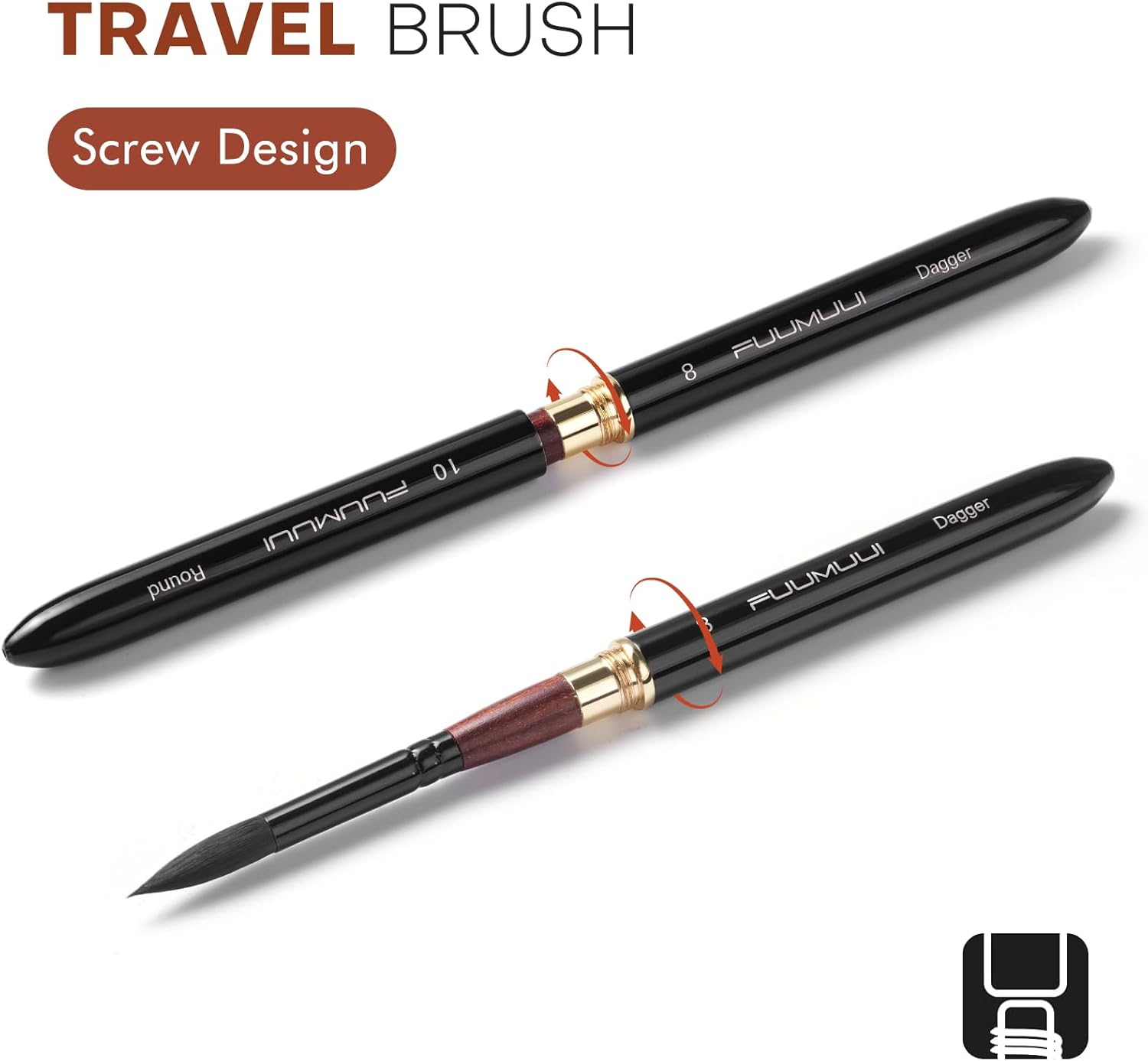 Dual Tip Travel Watercolor Brushes - 3Pcs Synthetic Squirrel Hair Set of 6 Versatile Tips with Leather Pouch Perfect for Watercolor Gouache Ink Painting image number 4