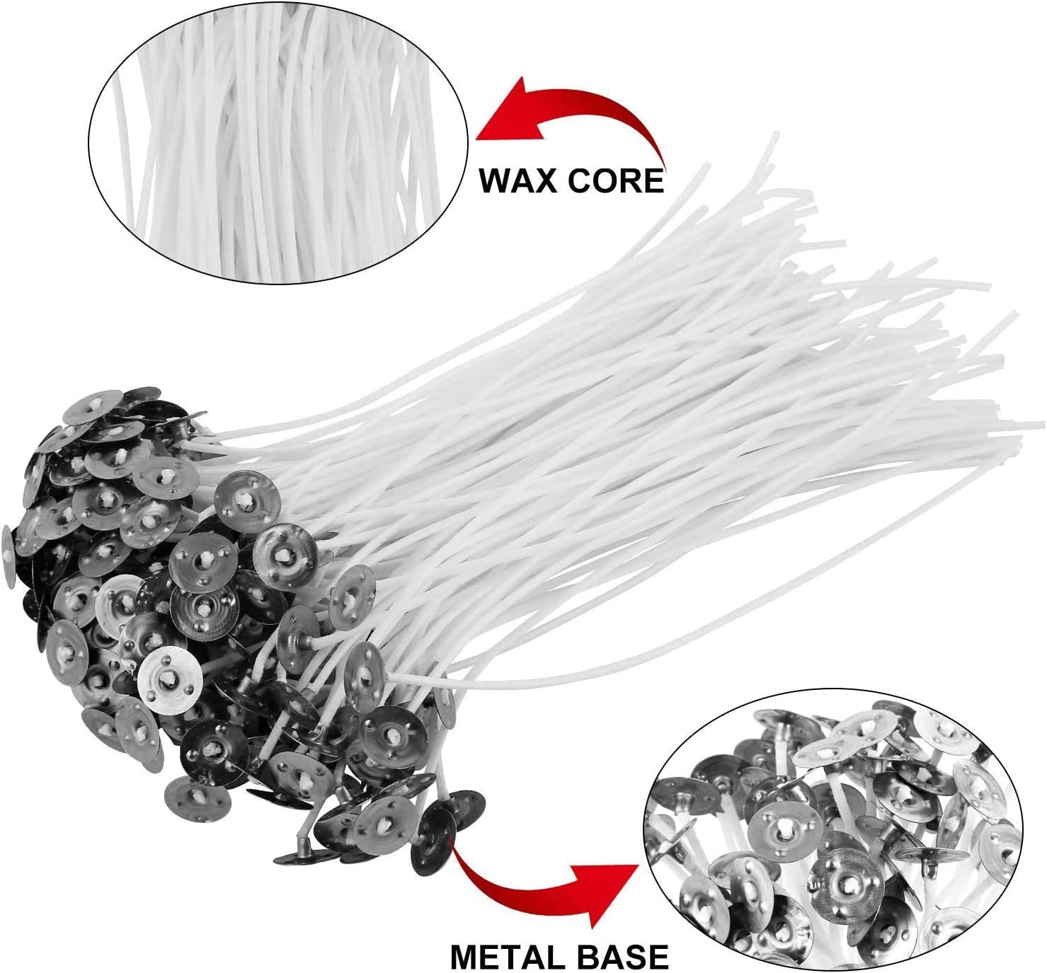 Candle Making Kit - 150Pcs Low Smoke Natural Candle Wicks (10Cm/4In,15Cm/6In and 20Cm/8In) with 150Pcs Double-Sided Dots Wick Stickers and 4Pcs Wick Holder Sustainer for DIY Candles