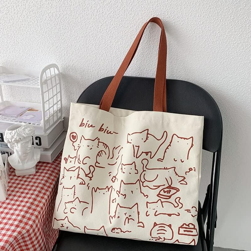 Cat Canvas Tote Bag, Large Cute Tote Bag for Women with Zip, Cotton Reusable Shopping Bag with Pocket, Shopper Bag Cat Lovers Gift image number 1