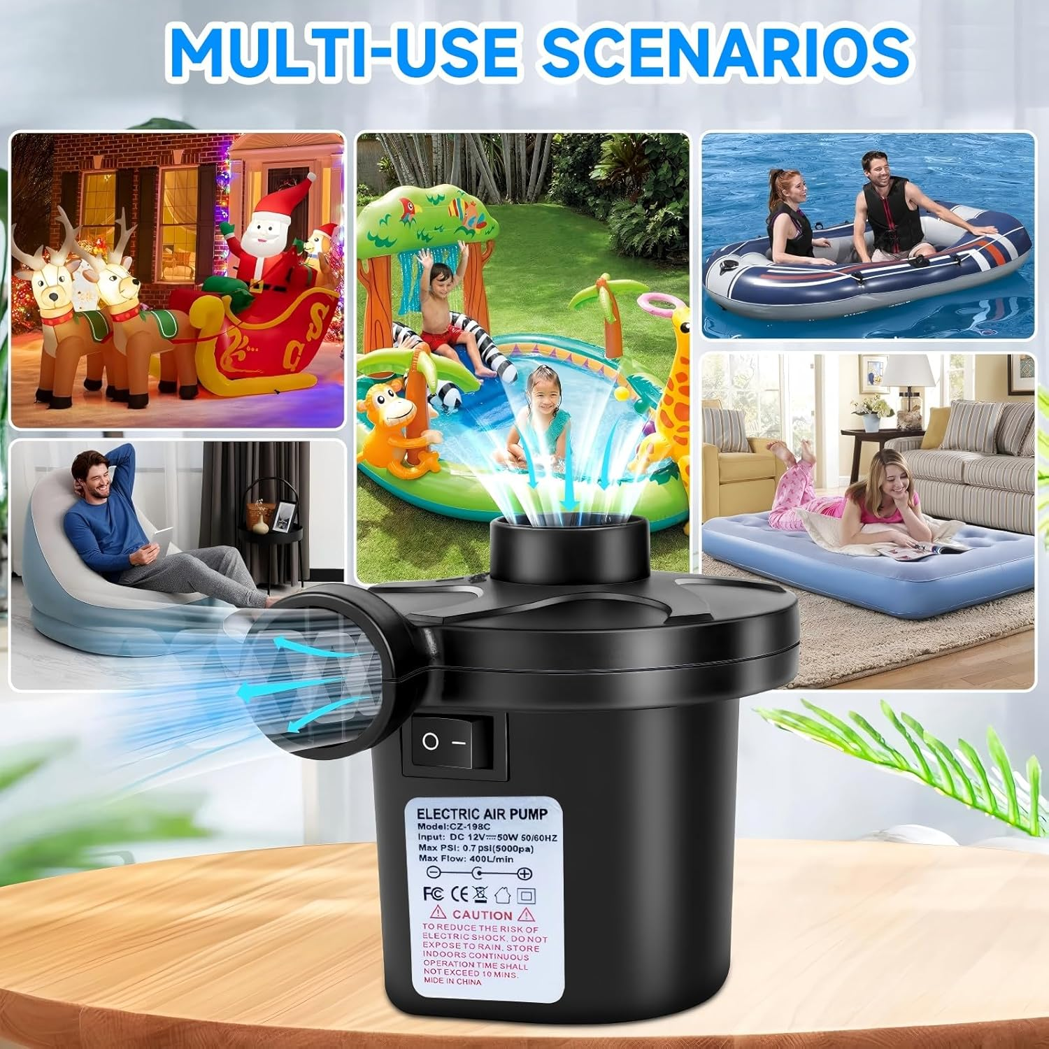 Electric Air Pump for Inflatables + 3 Nozzles, Perfect Home Inflator/Deflator Pumps Portable Quick-Fill, Ideal for Air Mattress Balloon Pump Swimming Rings Inflatable Boat Pool Floats Raft Sofa Kayak image number 4