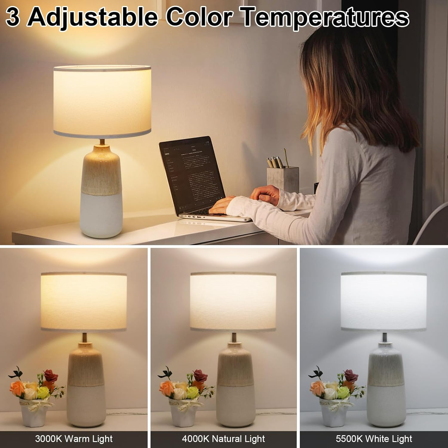 Tisuokae Bedside Lamps Set of 2, Ceramic Tall Bedside Table Lamps with Fabric Shade, Table Lamp with 3 Color Temperatures, Bedroom Table Lamp for Living Room & Office, LED Bulbs Included image number 6