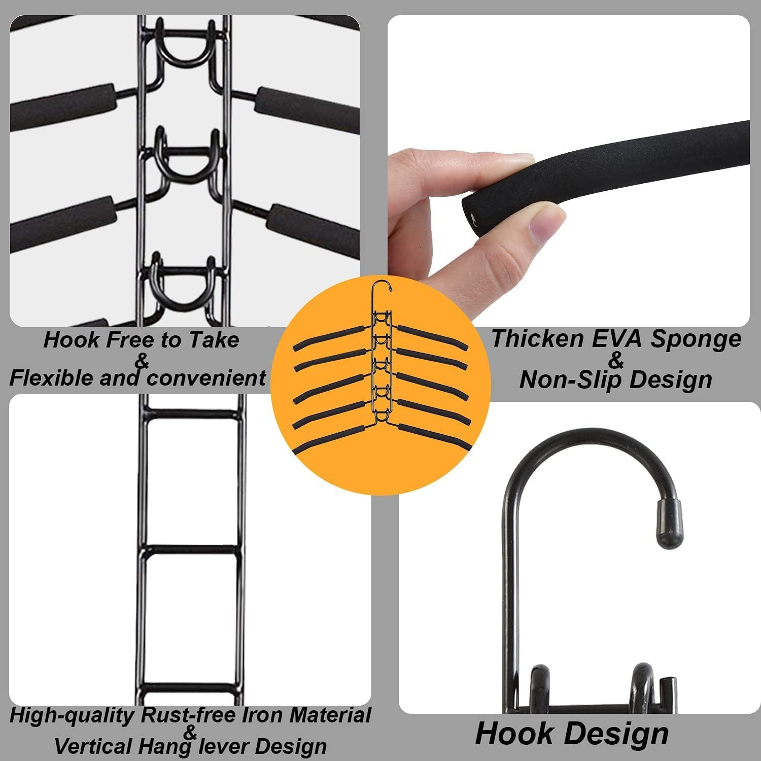 Clothes Hangers,2 Pack 5 in 1 Hangers Space Saving, Heavy Duty Non-Slip Hangers with Padded Foam, Closet Organizer for Shirt,Pant,Coat,Suit (Black) (Black 2 Pack) - Black 4 Pack image number 3