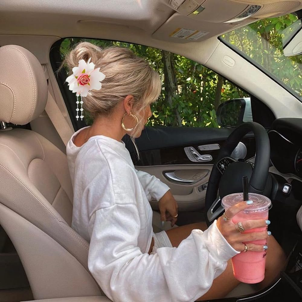 2 PACK Flower Tassels Hair Clips, Medium Flower Clips for Thick Thin Hair, Beautiful Girls Flower Hair Claw Clips Non Slip Hair Accessories for Women Girls image number 6