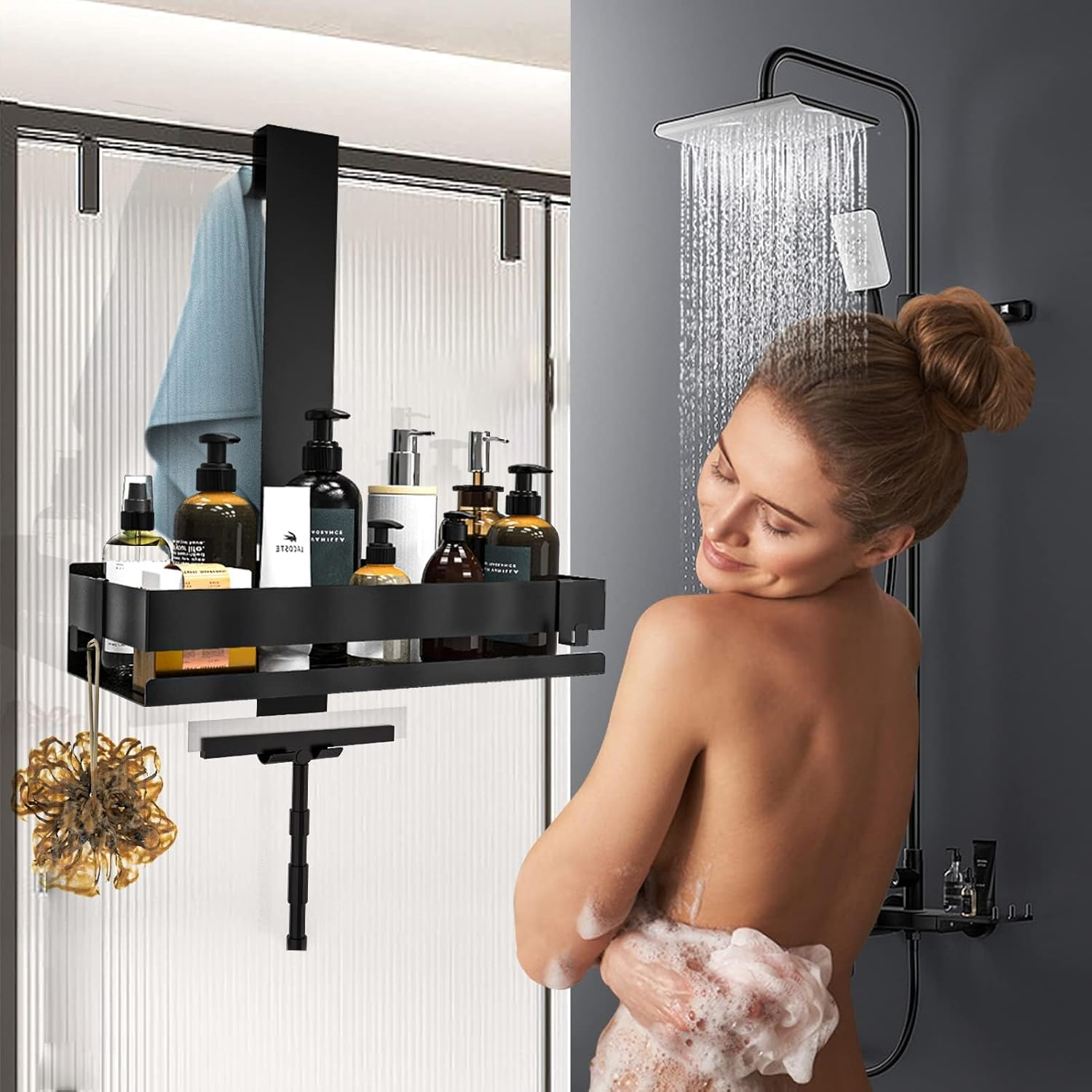 HOTOIQ Shower Caddy Hanging, Stainless Steel Shower Caddy without Drilling, Rustproof Hanging Shower Basket Holder with 2 Hooks and 4 Suction Cups for Frameless Glass Door(Black) image number 1