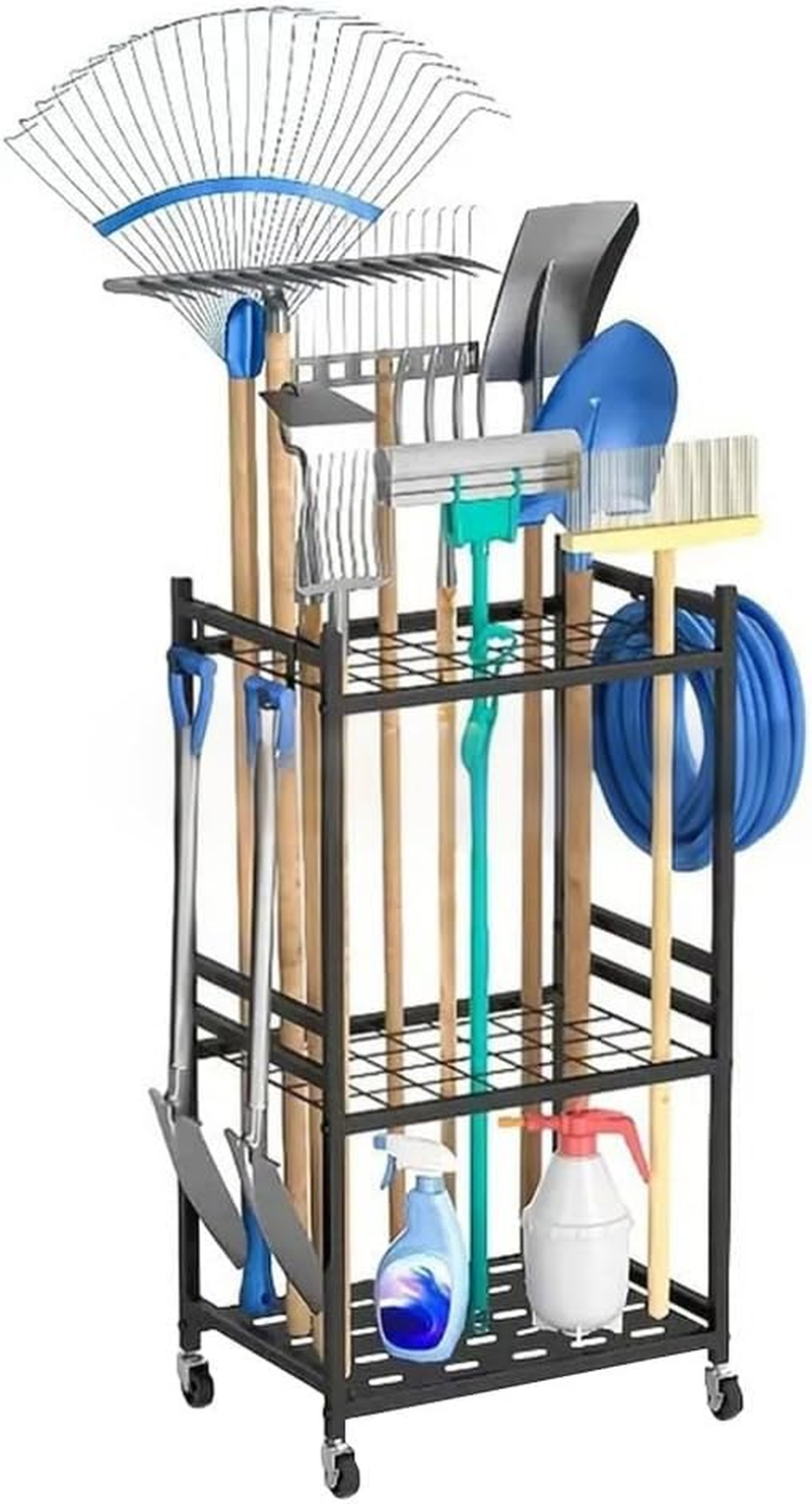 ALSTON Garden Tool Organizer Heavy-Duty Rolling Tool Tower Rack with Wheels and 4 Hooks Metal Shelf Storing Shovels Rakes Brooms Tools for Yard Garage Workshop image number 1