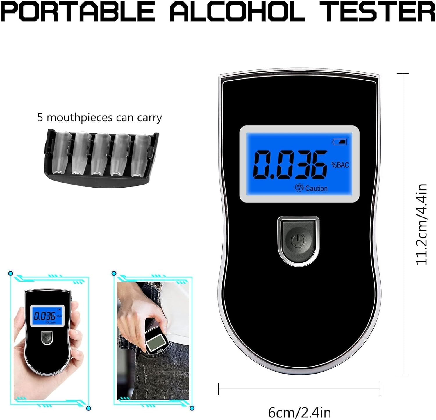 Alcohol Breathalyzer, Professional Grade Accuracy Alcohol Breath Tester for BAC Testing, Portable Blood Alcohol Tester with 5 Mouthpieces & Digital Blue LCD Display for Personal Home Use Black image number 1