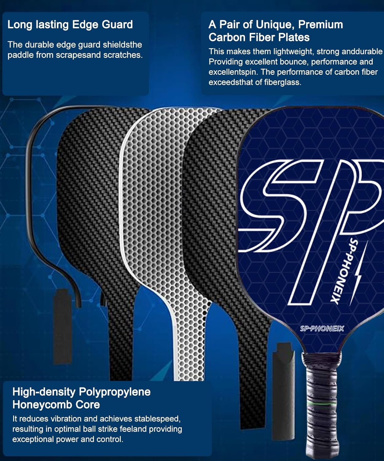 SPPHONEIX Carbon Pickleball Paddles Set Lightweight Pickleball Rackets Honeycomb Core Carbon Fiber Surface, Comfort Grip, 2 Pack Lightweight 4 Ball 2 Paddles 2 Grip Tape