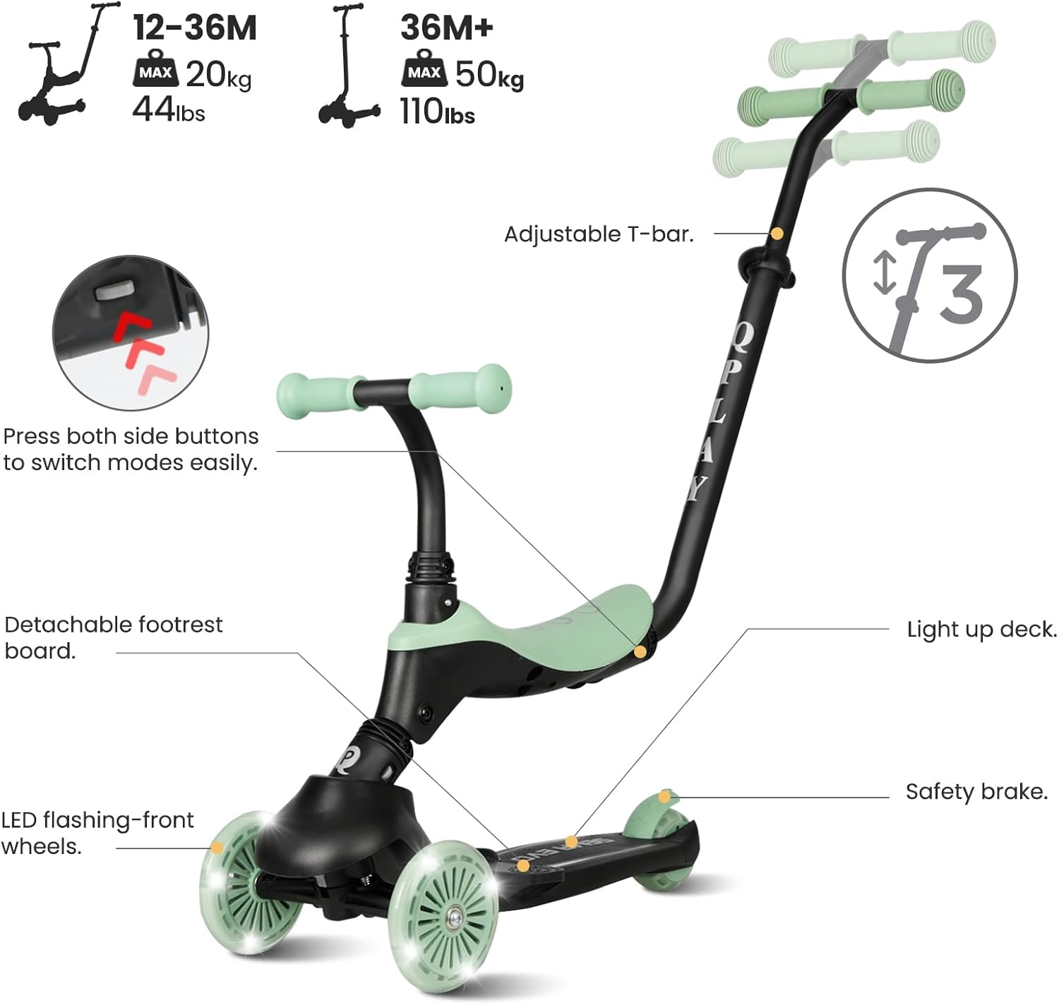Kids Kick Scooter Ages 1 to 6 | up to 110 Lbs | 3 Wheel Scooter with Adjustable Push Handle Height,Lights on Deck & Wheels,Toddler Ages 2 to 5 Boys & Girls Gifts Ride-On Toys image number 4