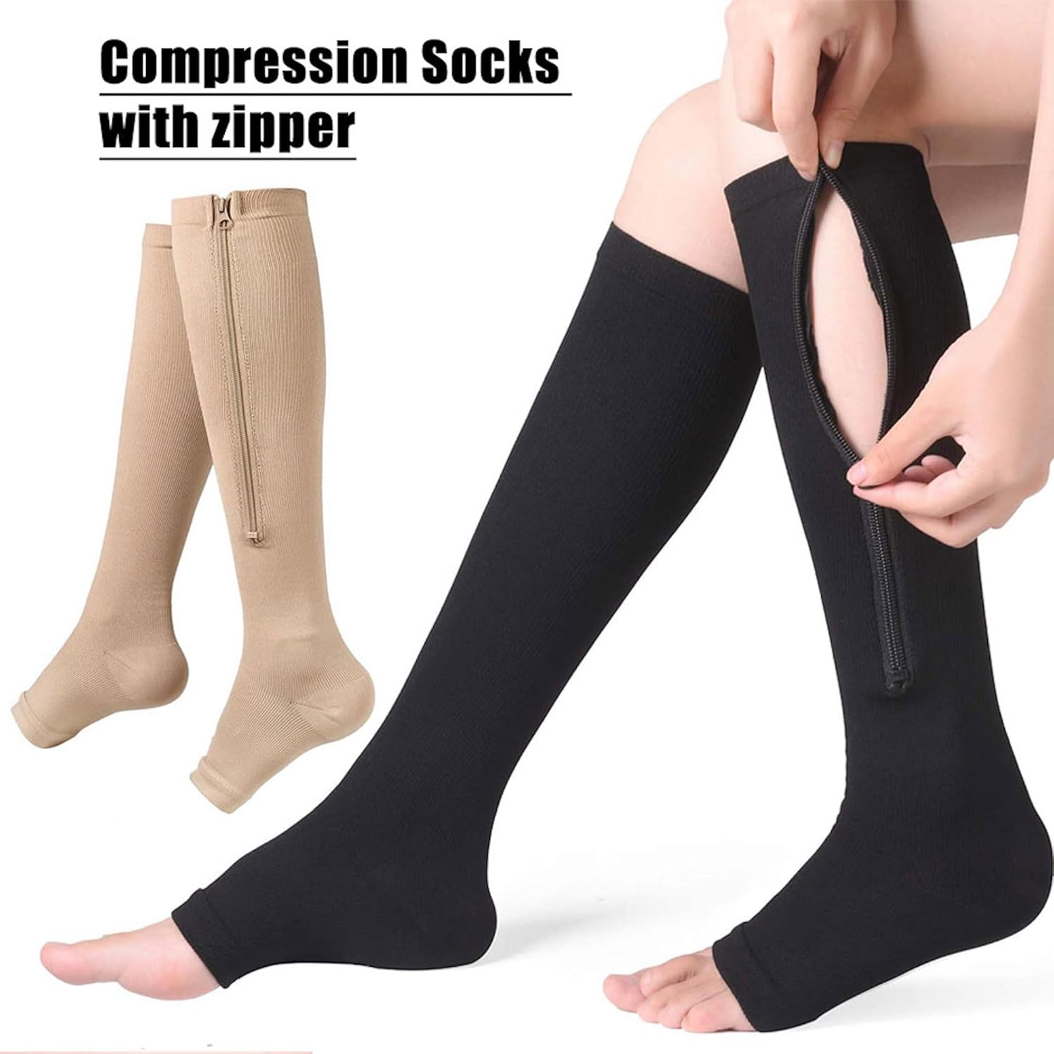 Zipper Compression Socks for Women and Men - Toeless Thigh High Open Toe with Zipper, Easy On/Off, Ideal for Pain Relief and Improved Circulation (Beige) (XXL)