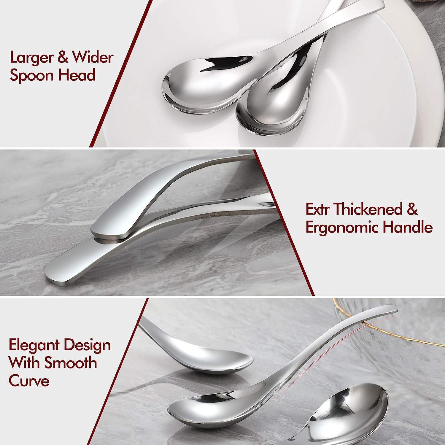 HIWARE Thick Heavy-Weight Soup Spoons, Set of 6, Stainless Steel image number 5