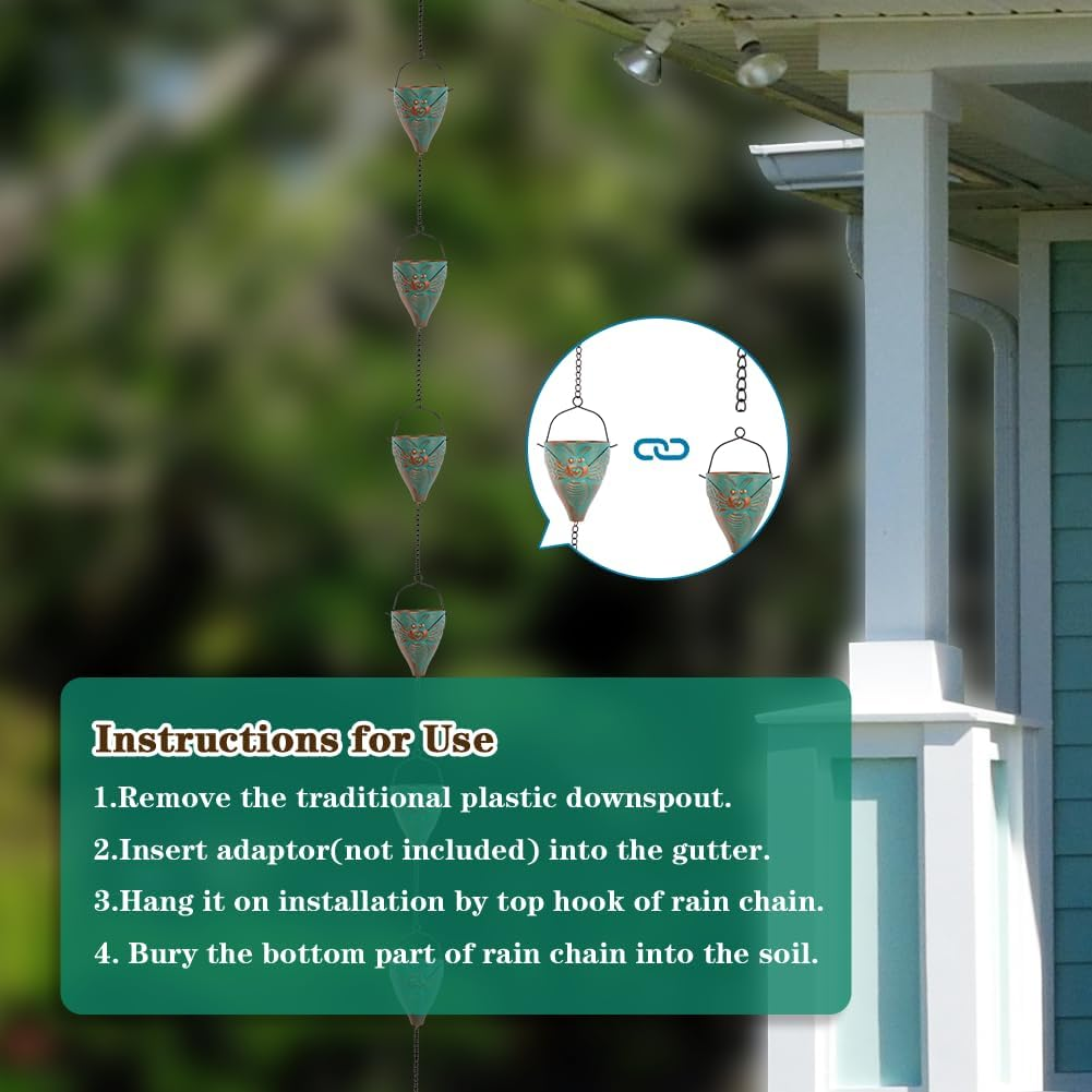 Giole 10 FT Rain Chain for Outside, Rain Chain with 10 Bee Pattern Cups Adjustable Rain Catcher Chain for Gutters, Eaves, Drainage, Replacement for Downpout - Green image number 5