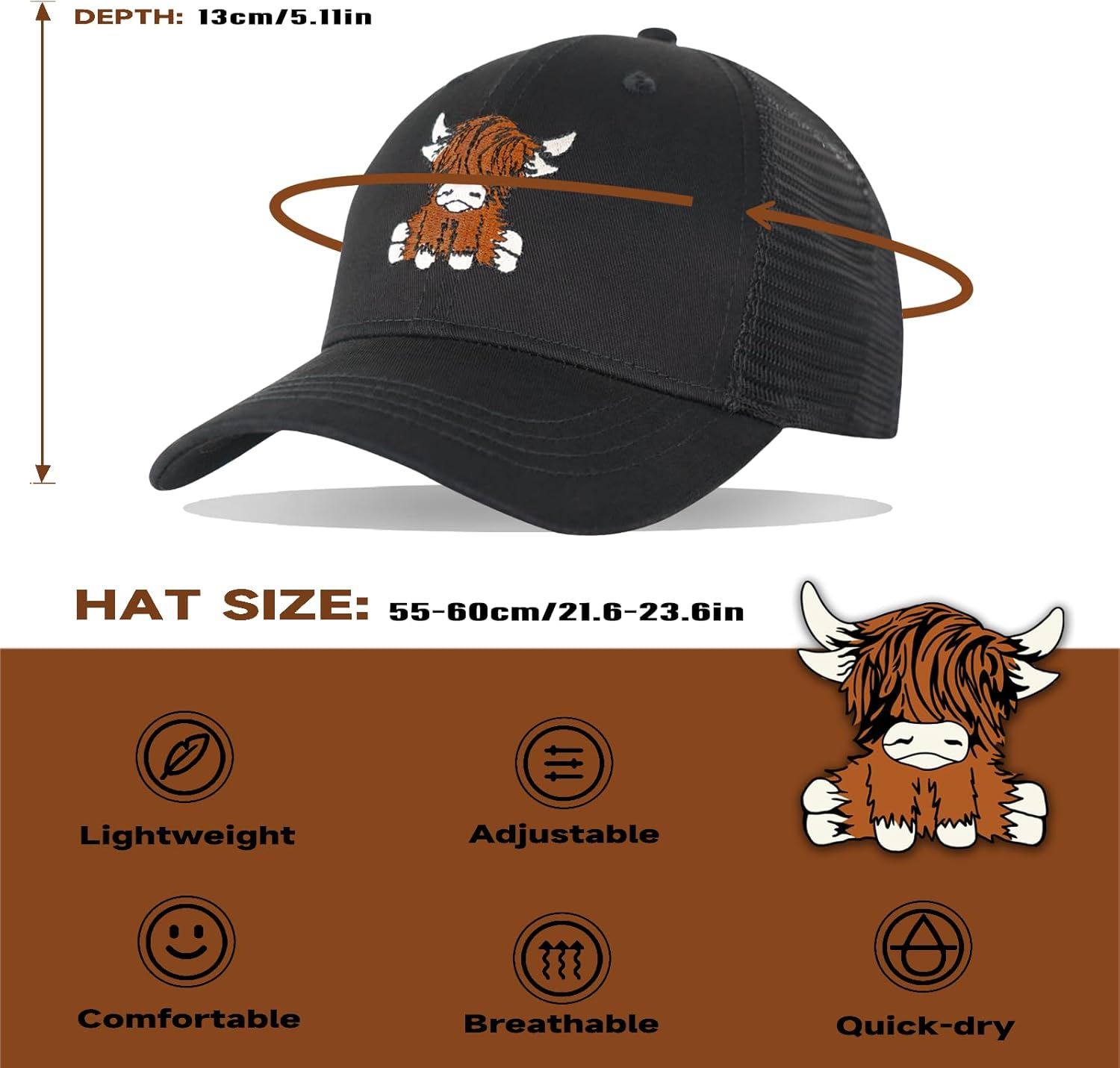 Gswirmchsq Scottish Highland Cow Hat, Cute Embroidery Mesh Baseball Cap Trucker Hats Highland Cow Gifts for Women Men - 01-Beige image number 7