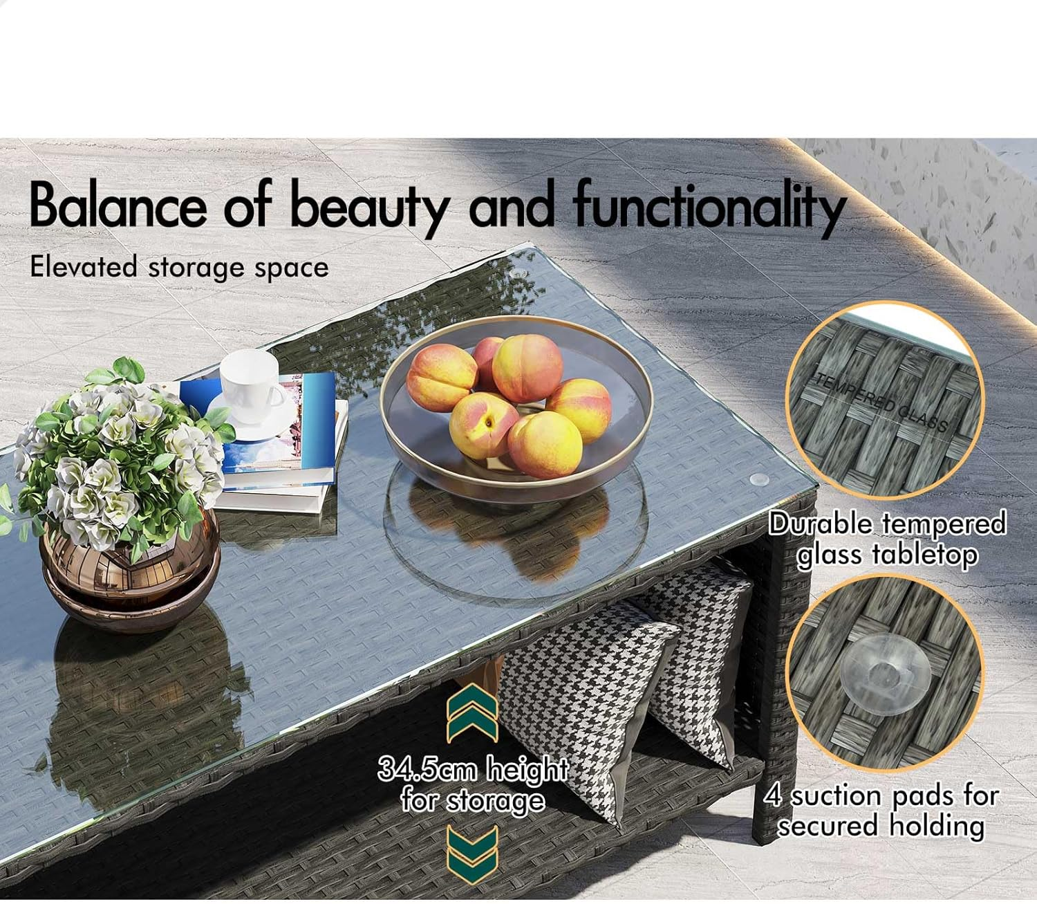 ALFORDSON Outdoor Patio Furniture 4Pcs Conversation Set, Wicker 4 Pieces Lounge Chair & Glass Coffee Table Setting, Steel Frame Garden Rattan Sofa with Cushions and Back Pillows, Dark Grey image number 5