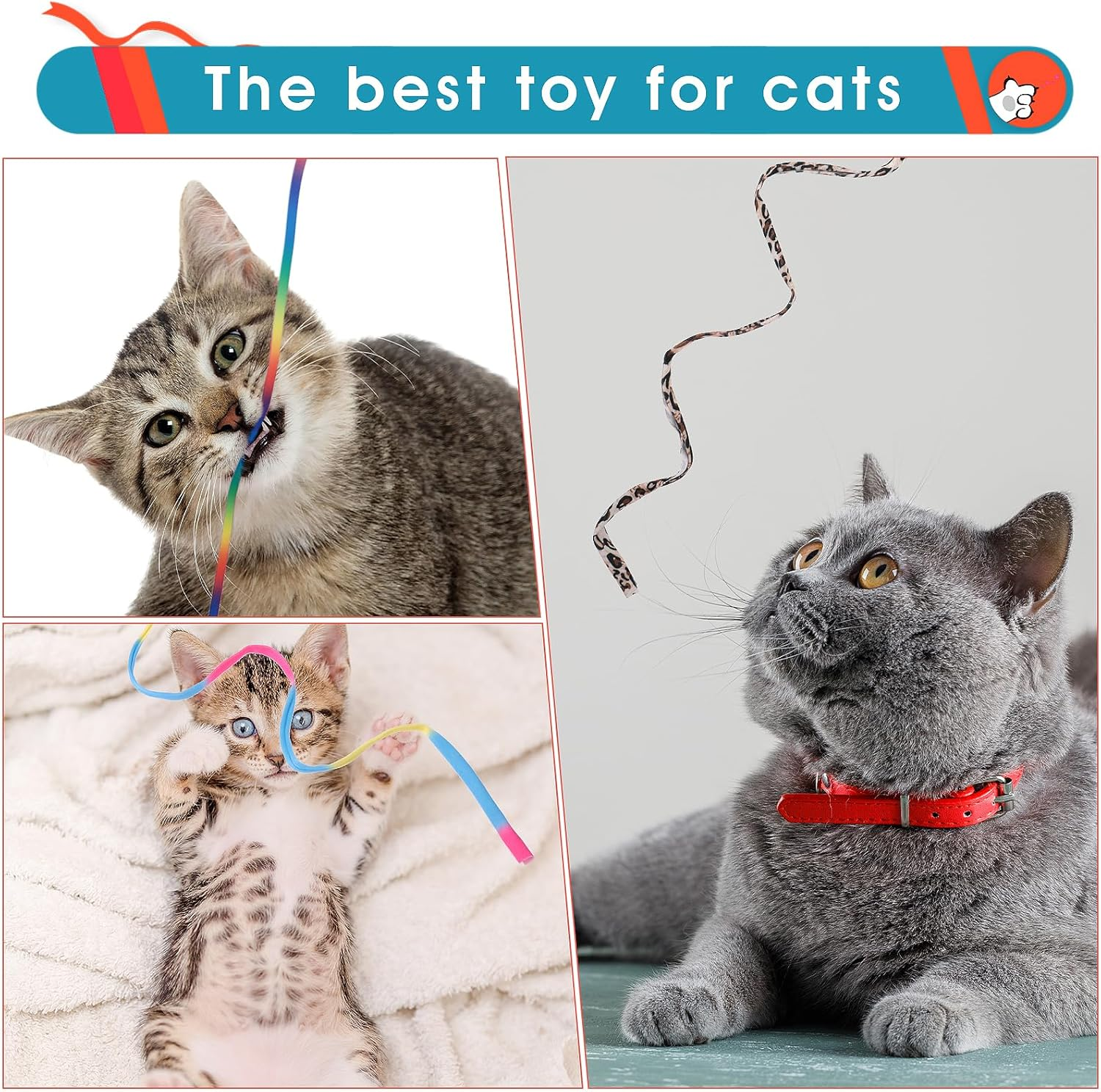 Amaxiu Cat Wand Toy Set, Interactive Cat Wand Toy with Rainbow Ribbon String, Rainbow Cloth String, Leopard Print Cloth String for Small Cats Kittens Indoor Training Catcher(6 Packs) image number 3