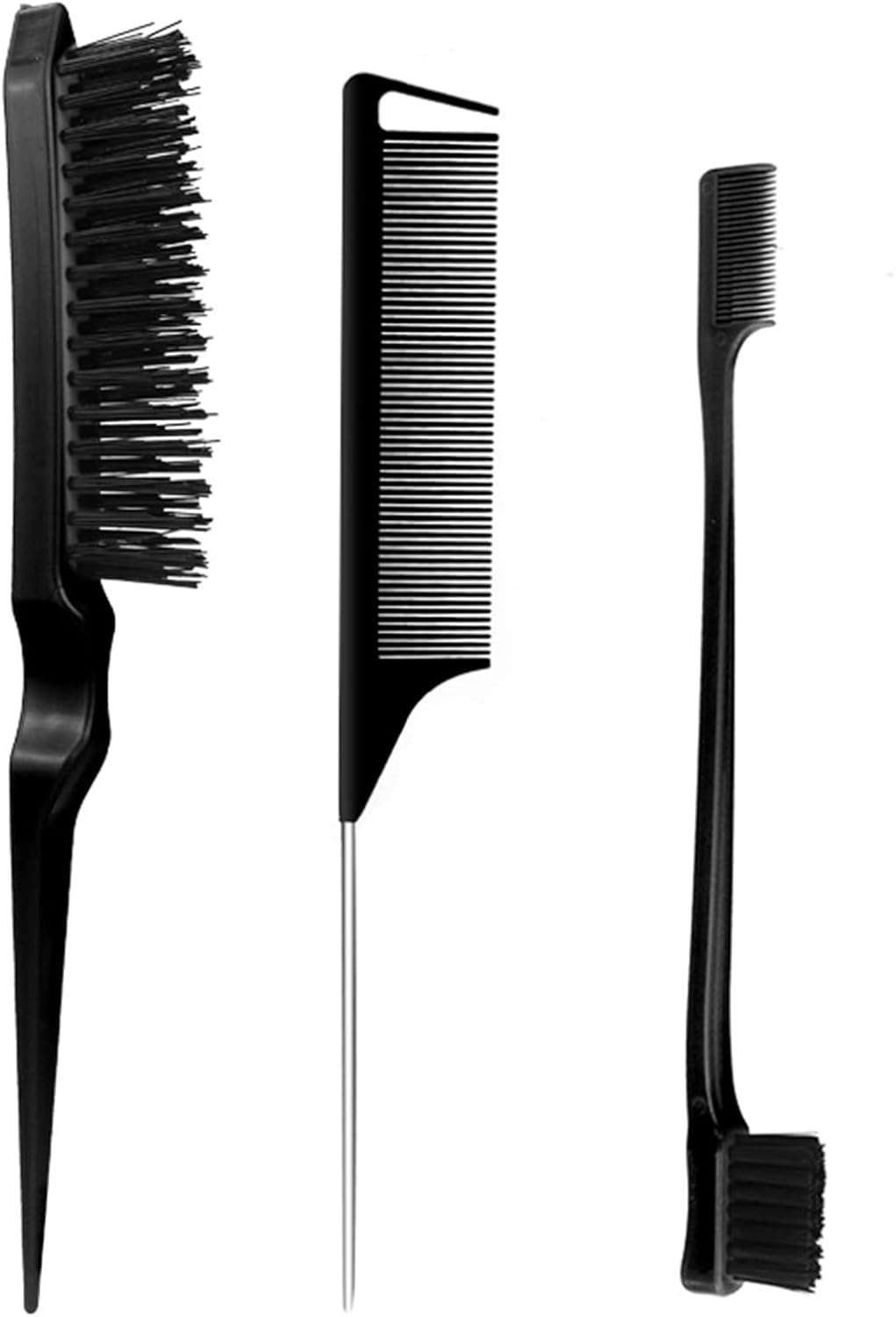 Sleek Bun Brush Set, Double Edge Brush, Teasing Hair Brush Set, Rat Tail Comb, for Hairdresser, Women, Baby, Children, Black, Pack of 3 image number 6