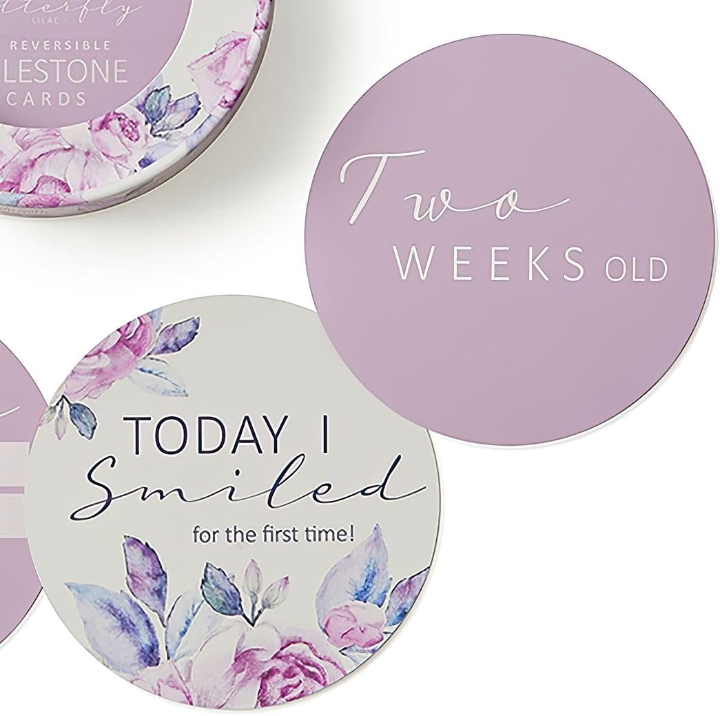 Snuggle Hunny Baby Milestone Cards, 25 Reversible Baby Announcement Plaque, Ideal for Baby Announcements Coordinates with Baby Wraps & Outfits, Lilac Skies & Butterfly