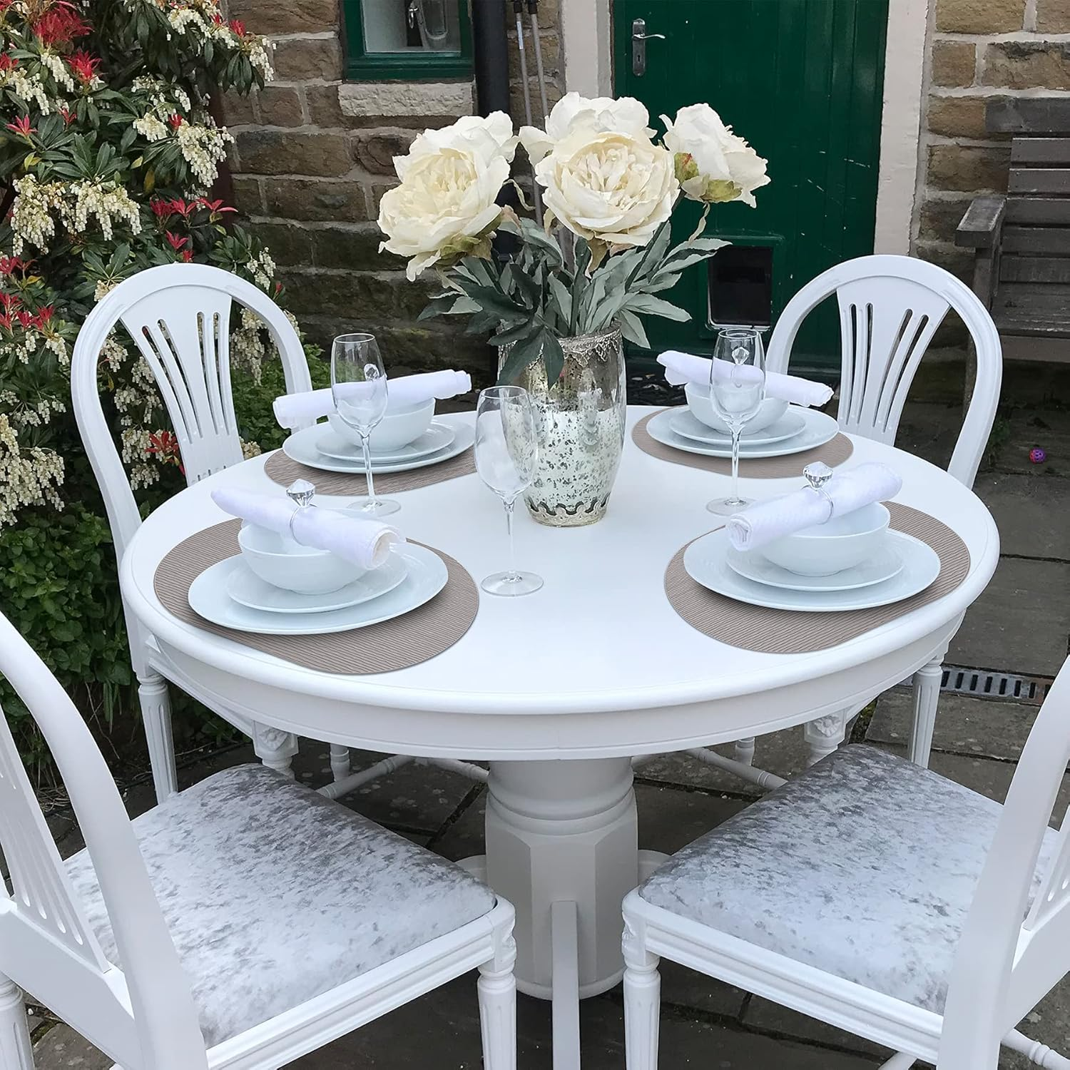 IYYI Silicone Placemats, Oval Placemats for Dining Table, Dishwasher Safe Table Mats Waterproof Non-Slip Kids Placemats Set of 4 （Light Gray-Line） - Light Gray-Line image number 5