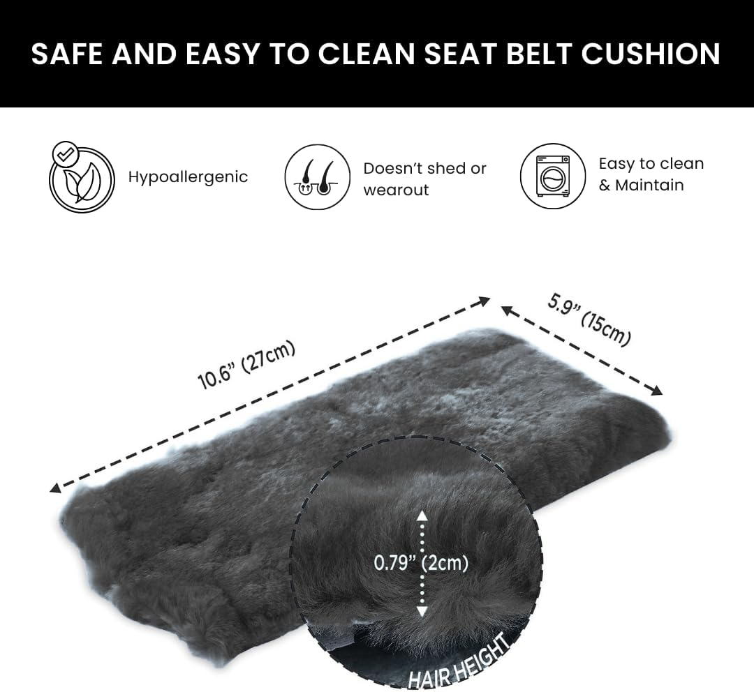 Andalus Genuine Sheepskin Car Seat Belt Cover Pad &ndash; Soft Fuzzy, Comfy Fluffy Seatbelt Covers, Shoulder Pad Neck Cushion Protector, Car Accessories for Woman, Man, Girl (Graphite, 2-Pack) image number 6