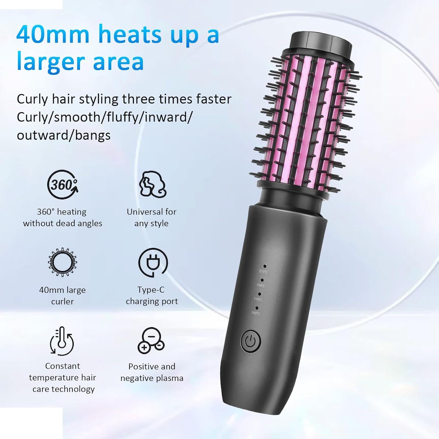 Wireless Curling Iron Hot Air Brush, round Hairdryer, Thermal Hair Dryer Brush, Portable Travel Mini, 7000 Mah USB Rechargeable with Negative