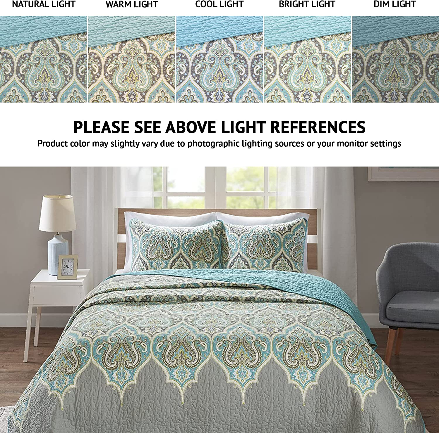 Comfort Spaces Quilt Set-Trendy Paisley Summer Cover, Cozy Coverlet Lightweight All Season Bedding Layer for Winter, Matching Shams, King/Cal King, Mona Paisley Teal image number 2