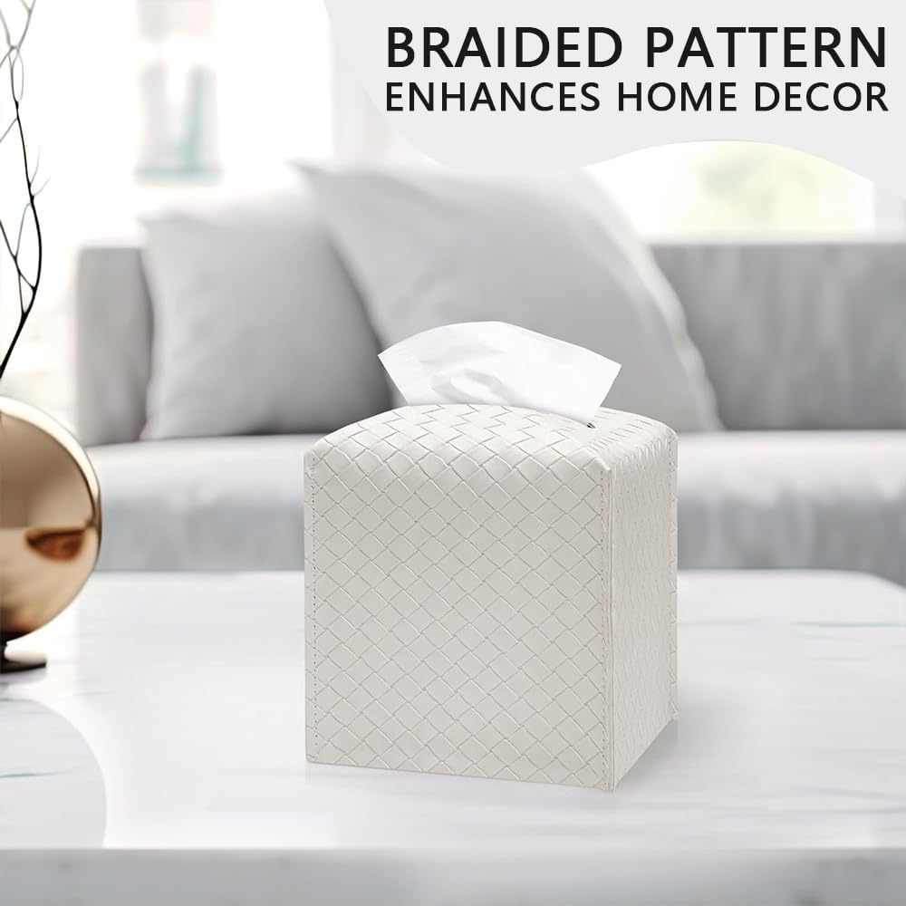 HYAVIA 2PCS PU Leather Tissue Box Cover &ndash; Square Tissue Holder with Braided Pattern and Bottom Strap, Modern Facial Tissue Organizer for Bathroom, Car, Office, Tabletop, Pearl White image number 2