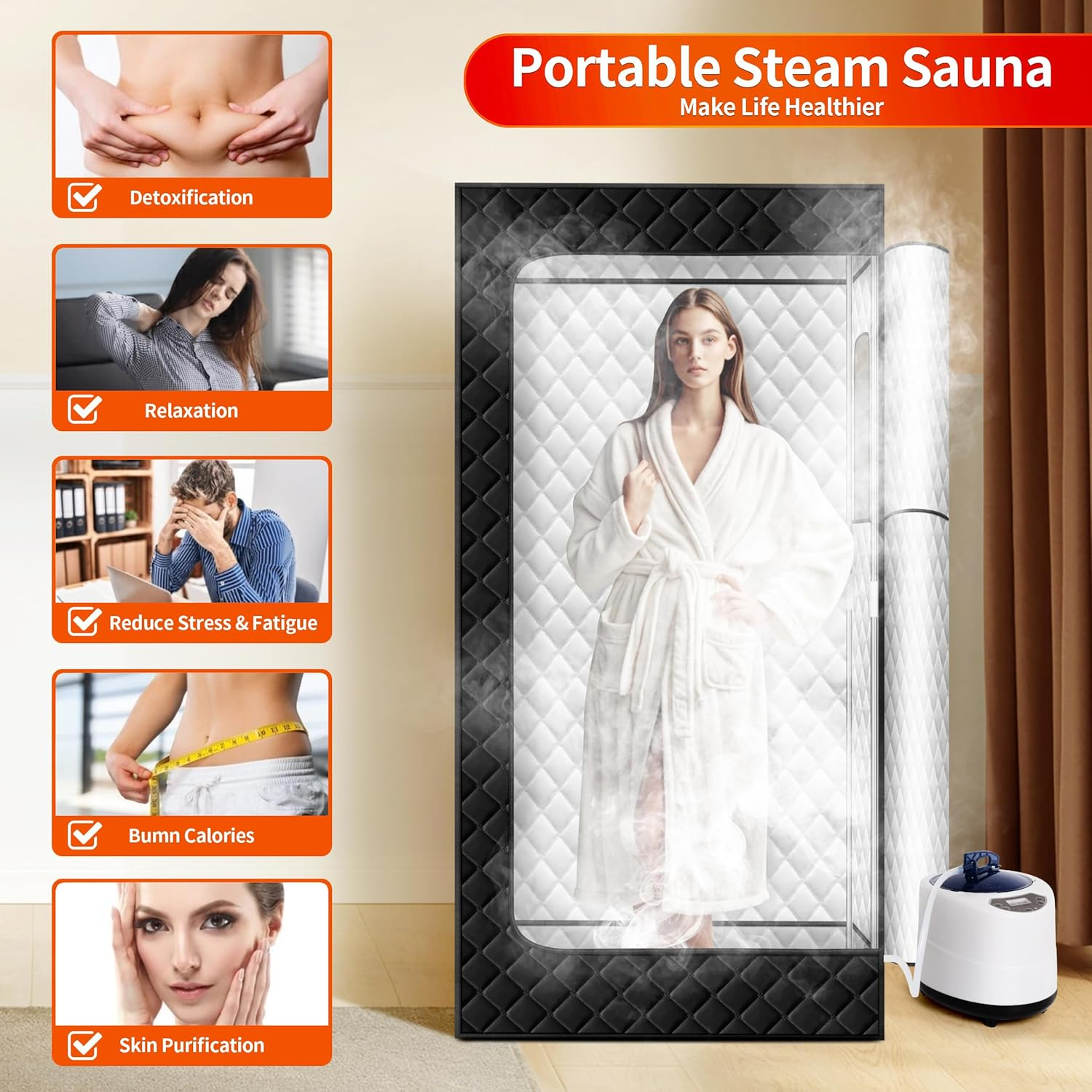 Portable Sauna, Personal Portable Steam Sauna for Home with 3L 1000W Steamer, Sauna Tent for Home Spa Relax, Foldable Chair, Remote Control Included, 80X80X180Cm Sauna Tent, Black image number 5