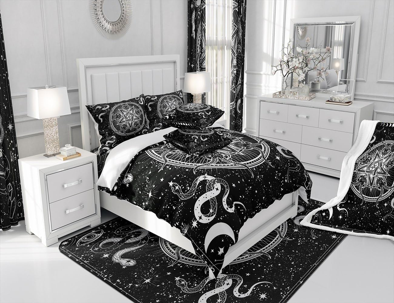 Bull Skull Black White Duvet Cover Set L Size, Sun Moon Starry Sky Bedding Set, Gothic Stars Snake Diamond Comforter Cover Children Girls Boys Room Decor Exotic Boho Quilt Cover image number 2