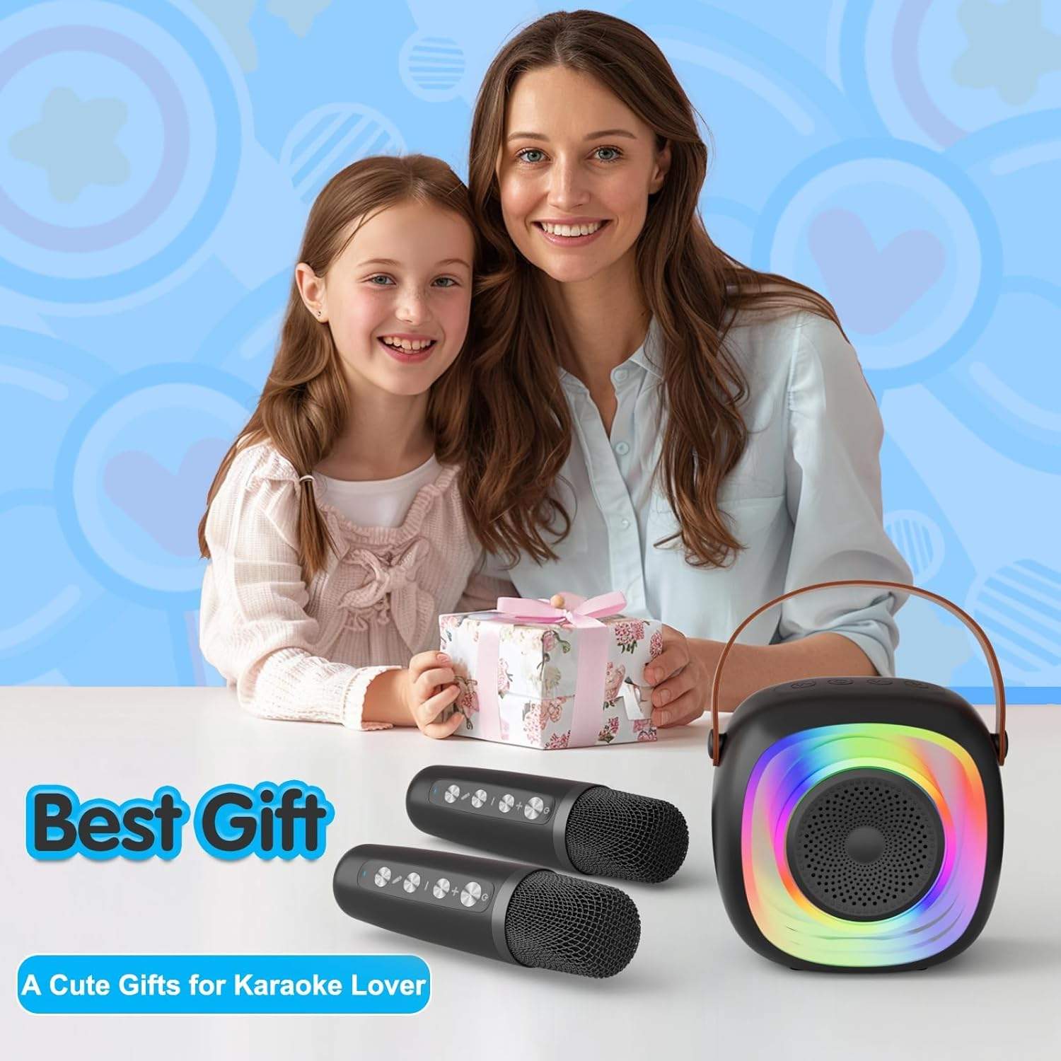 Karaoke Machine for Kids Adults, Portable Bluetooth Speaker with Wireless Microphone and Colorful Lights, Gifts for Girls Boys Birthday/Home Party(Black) image number 1