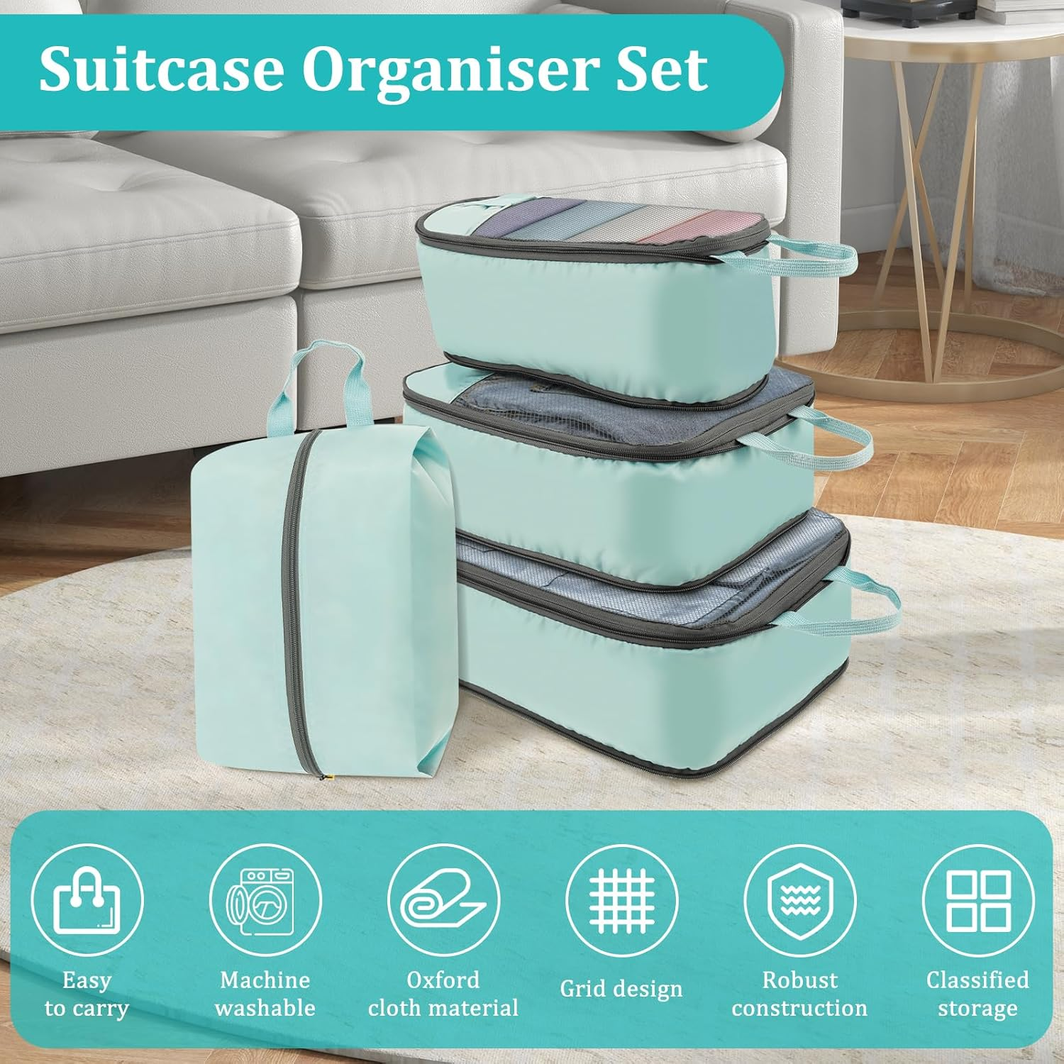 4Pcs Travelling Storage Bag Set,Compression Packing Cubes with Handle,Lightweight Luggage Organizers,Machine Washable image number 2