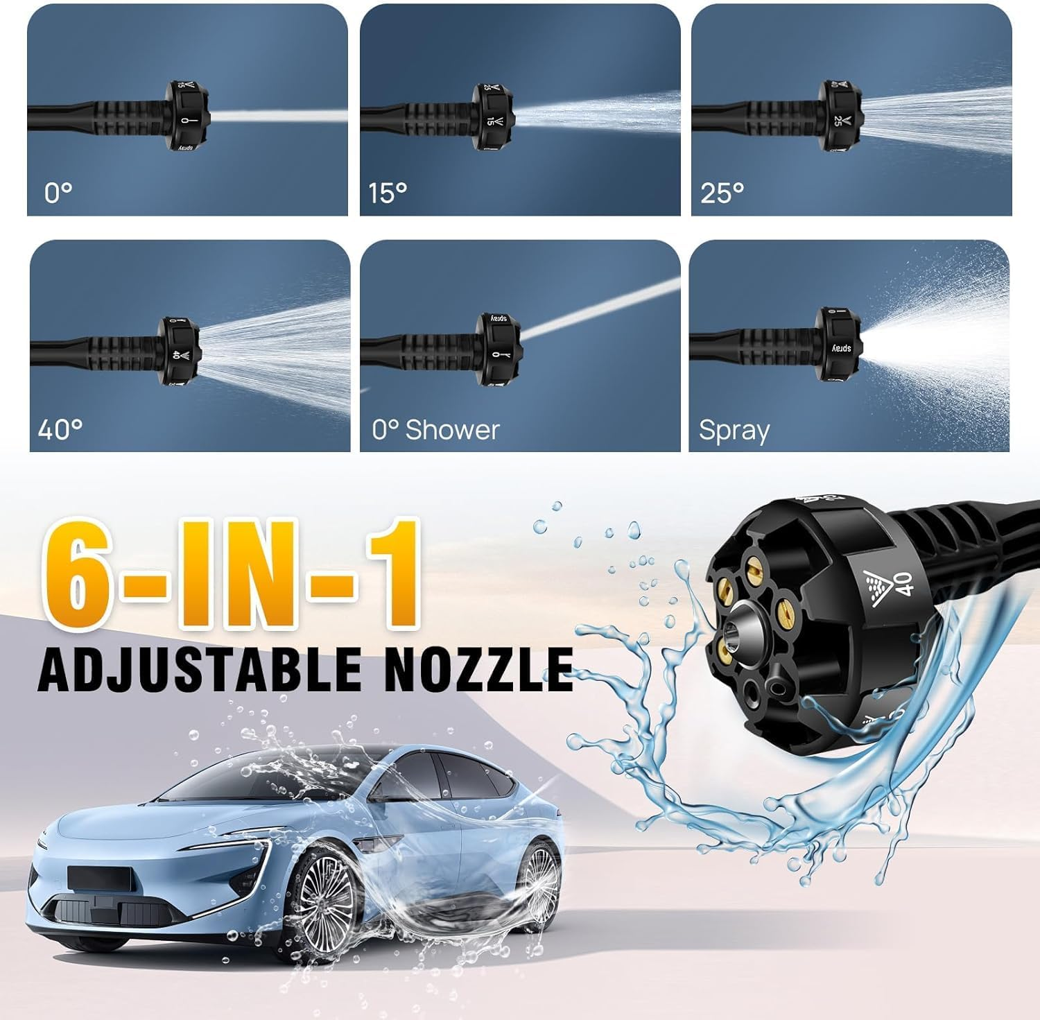 Cordless Pressure Washer, Portable Power Washer for Patio & Car, 6 in 1 Adjustable Nozzle with 5M Hose, Pressure Wash Tool with 2X 3.0Ah Batteries,Car/Floor/Garden Cleaning and Watering, Etc image number 4